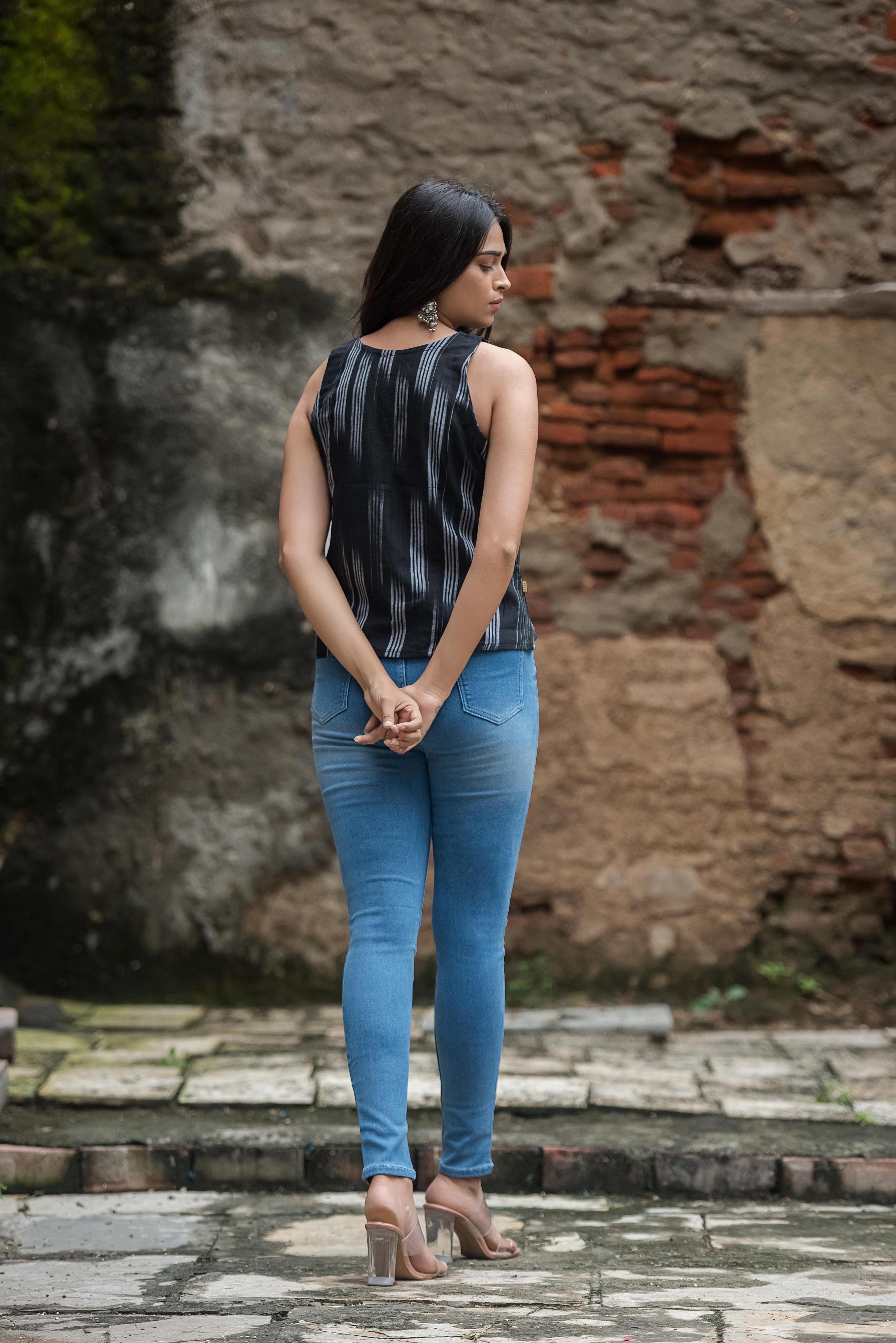 Jet Black Ikkat Haulter Front-Open Crop top