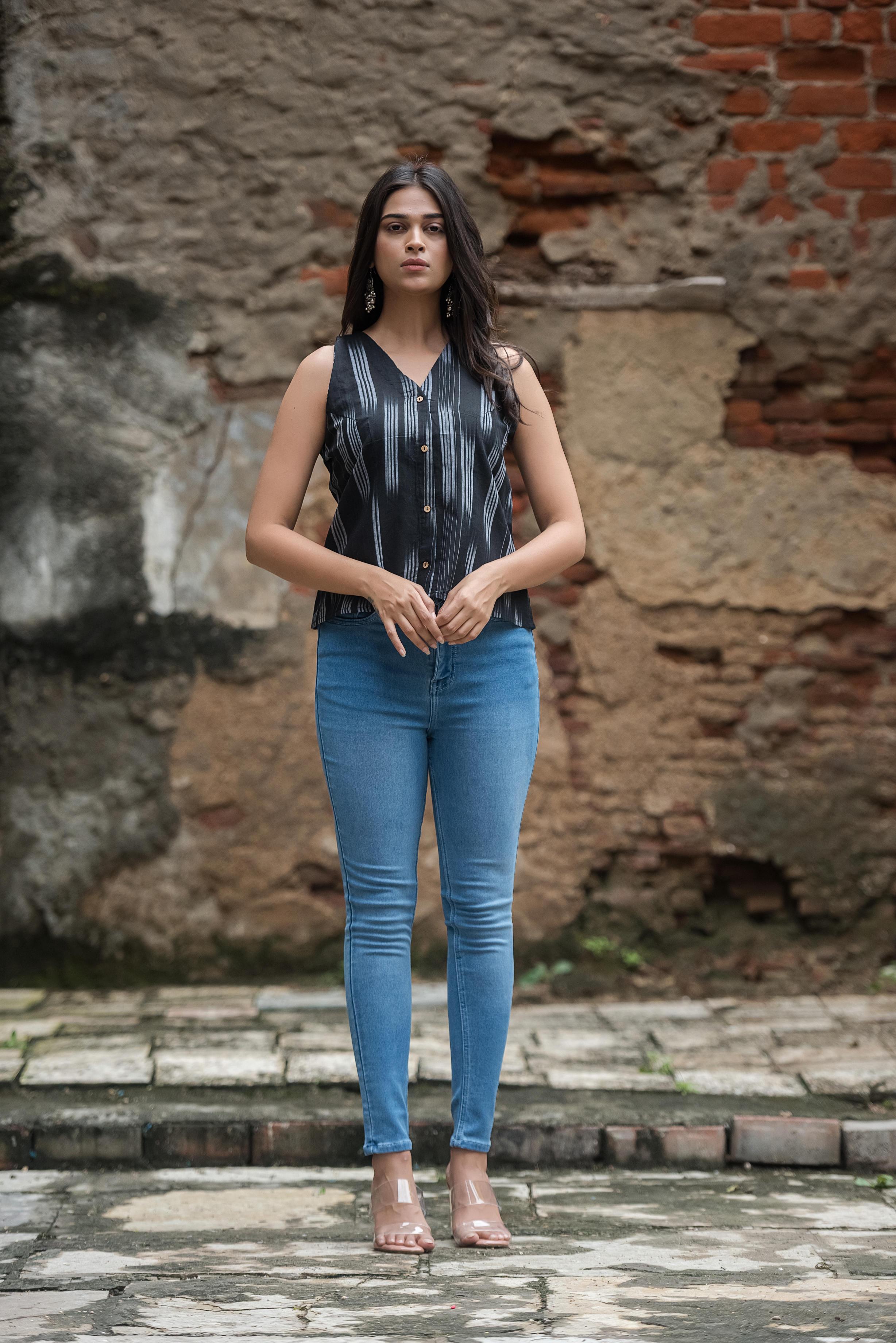 Jet Black Ikkat Haulter Front-Open Crop top