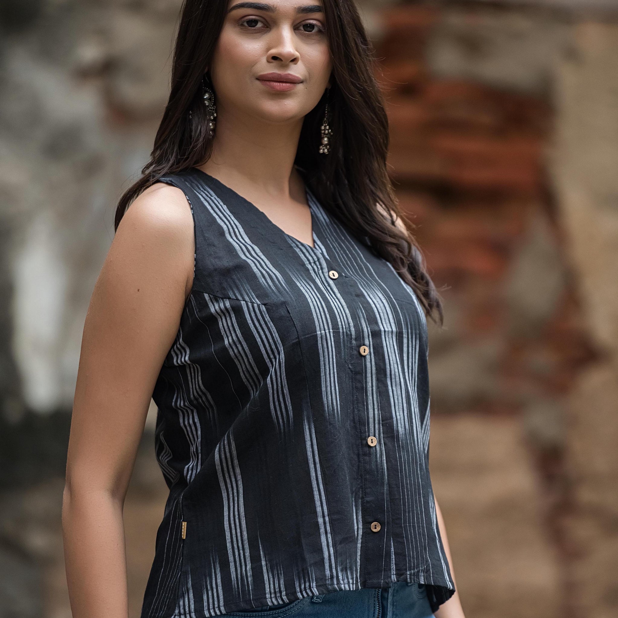 Jet Black Ikkat Haulter Front-Open Crop top