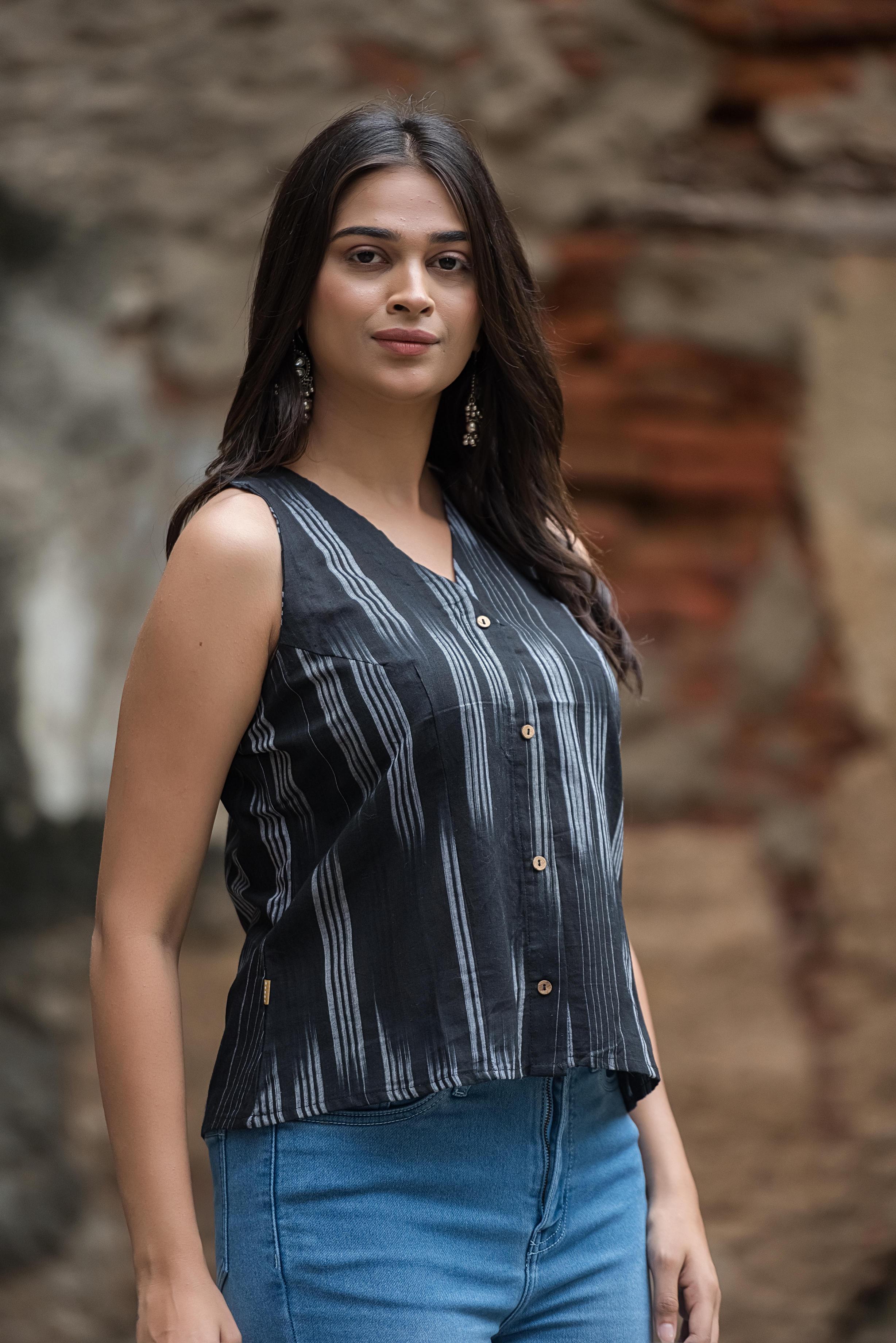 Jet Black Ikkat Haulter Front-Open Crop top