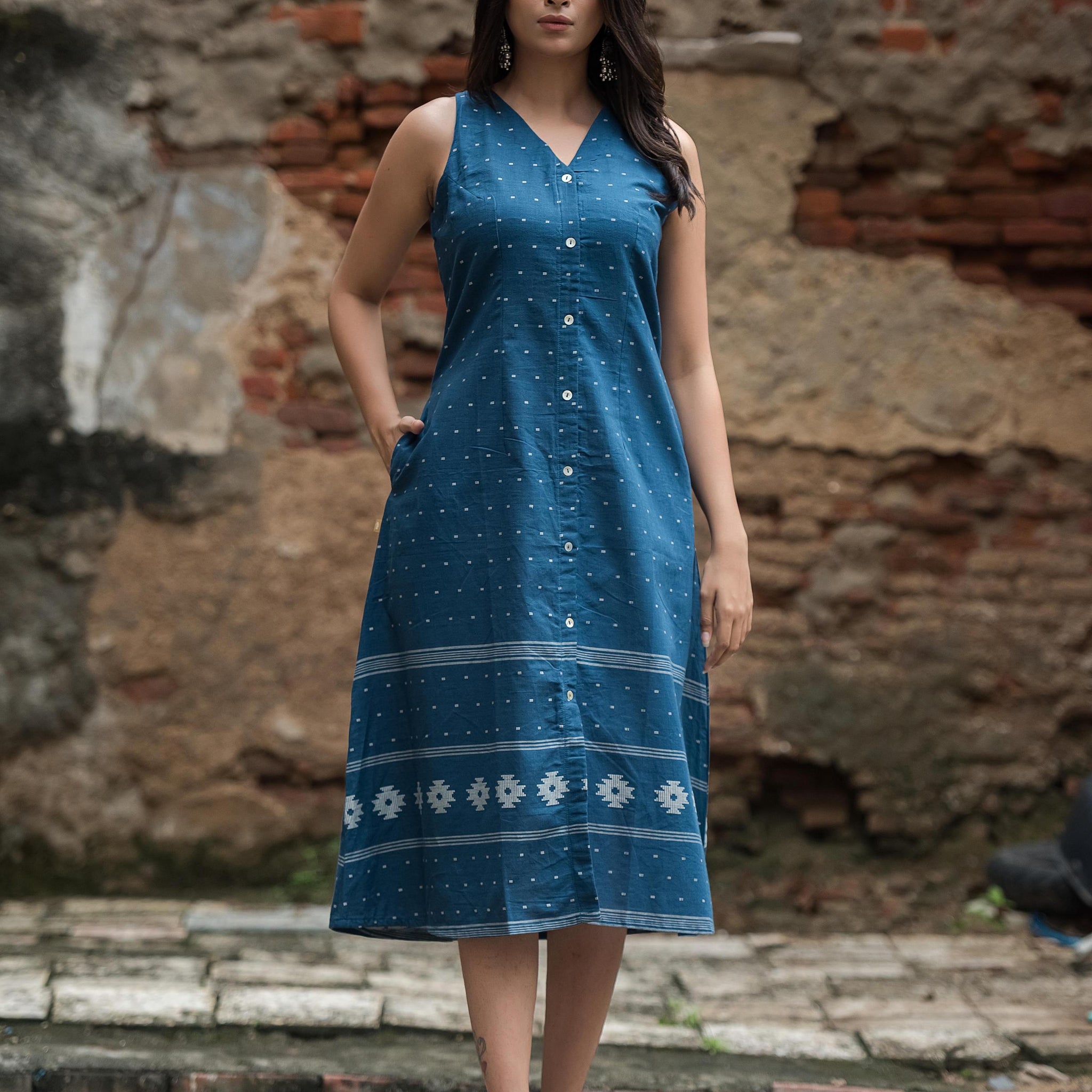 Royal Blue Cotton Dobby Halter Front-Open A-line Dress