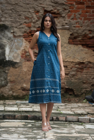 Royal Blue Cotton Dobby Halter Front-Open A-line Dress Abha Ethnic Royal Blue Cotton Dobby Halter Front-Open A-line Dress Abha Ethnic