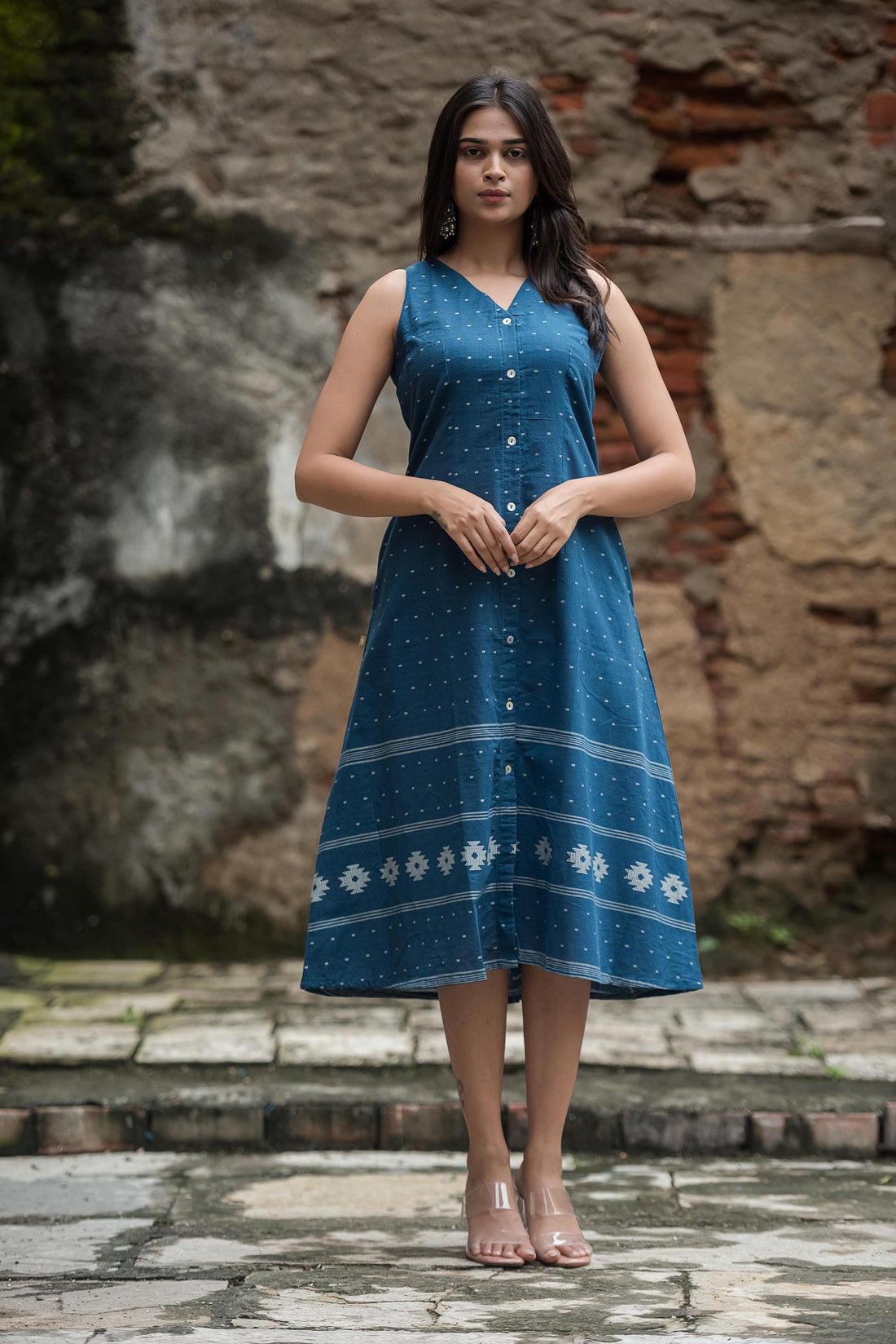 Royal Blue Cotton Dobby Halter Front-Open A-line Dress