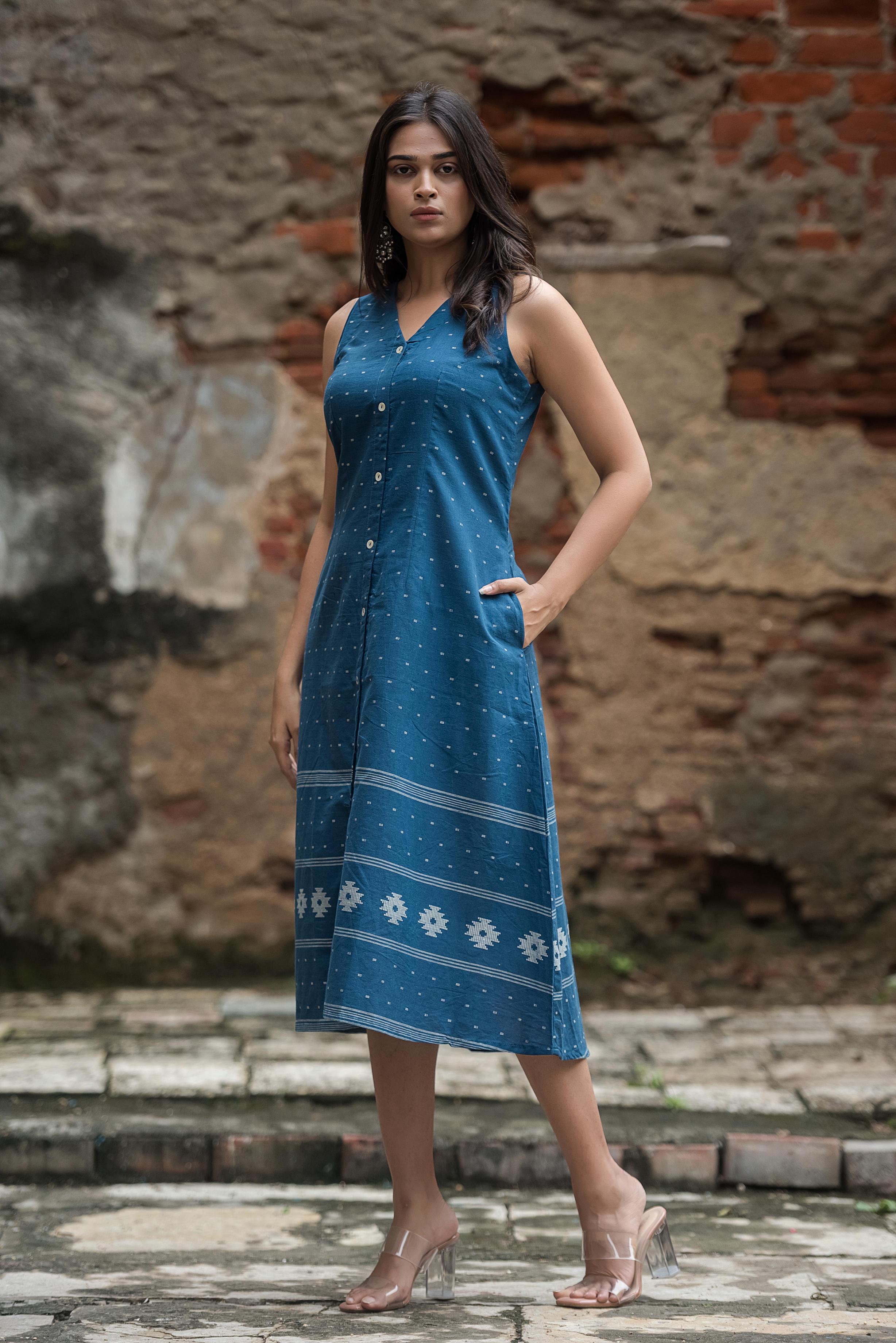 Royal Blue Cotton Dobby Halter Front-Open A-line Dress