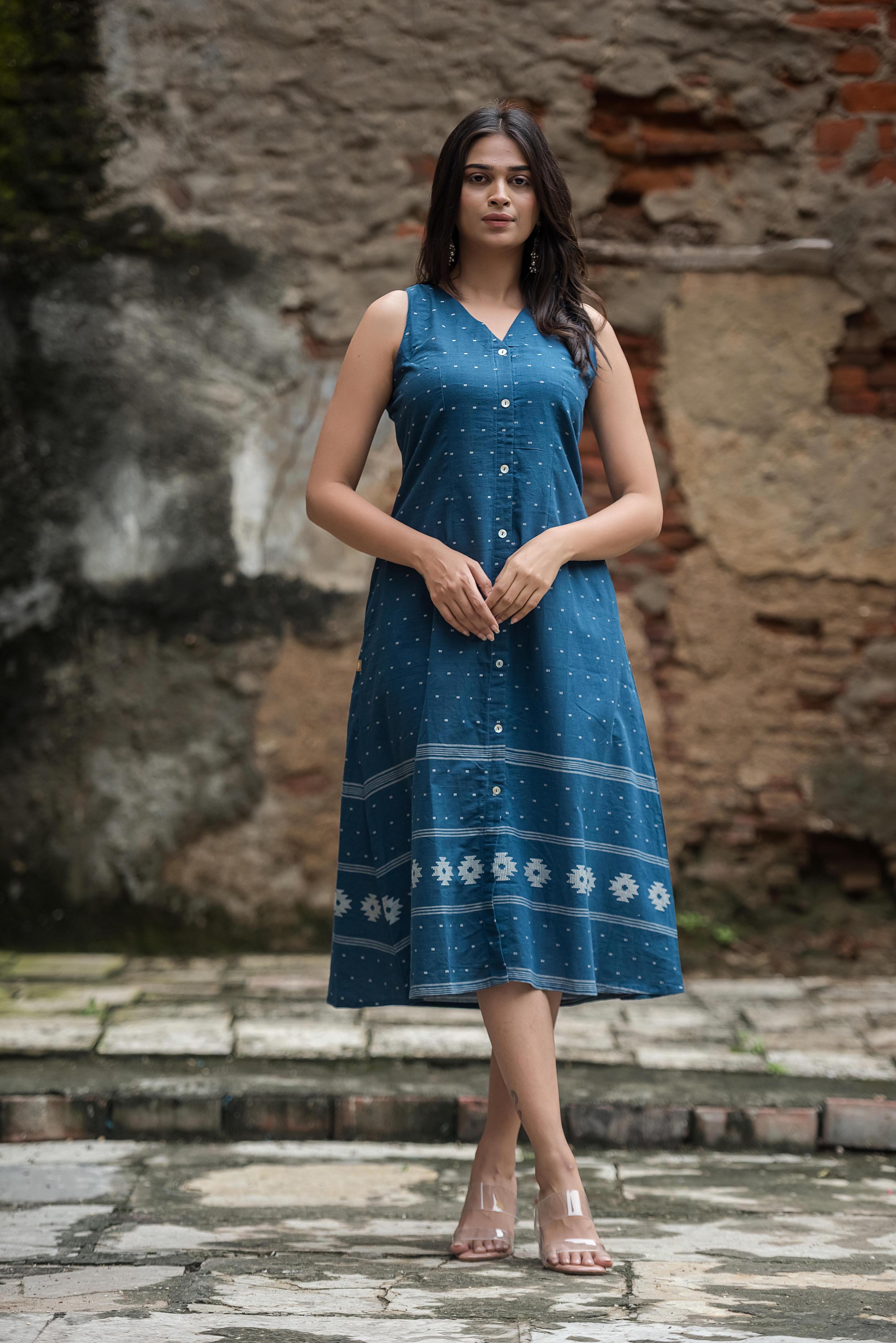 Royal Blue Cotton Dobby Halter Front-Open A-line Dress