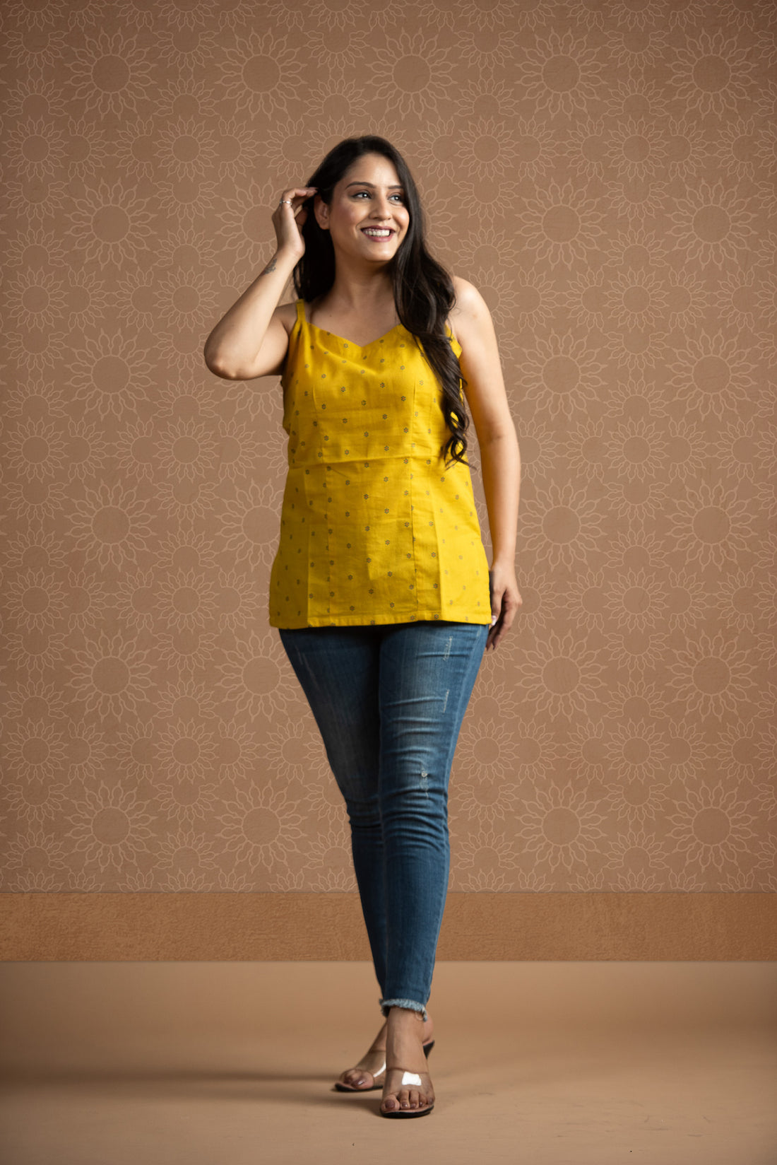 Yellow Blue Cotton Dobby butti Spaghetti Short Kurti