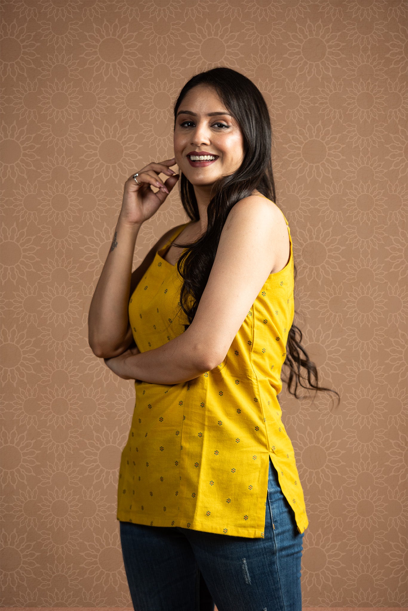 Yellow Blue Cotton Dobby butti Spaghetti Short Kurti