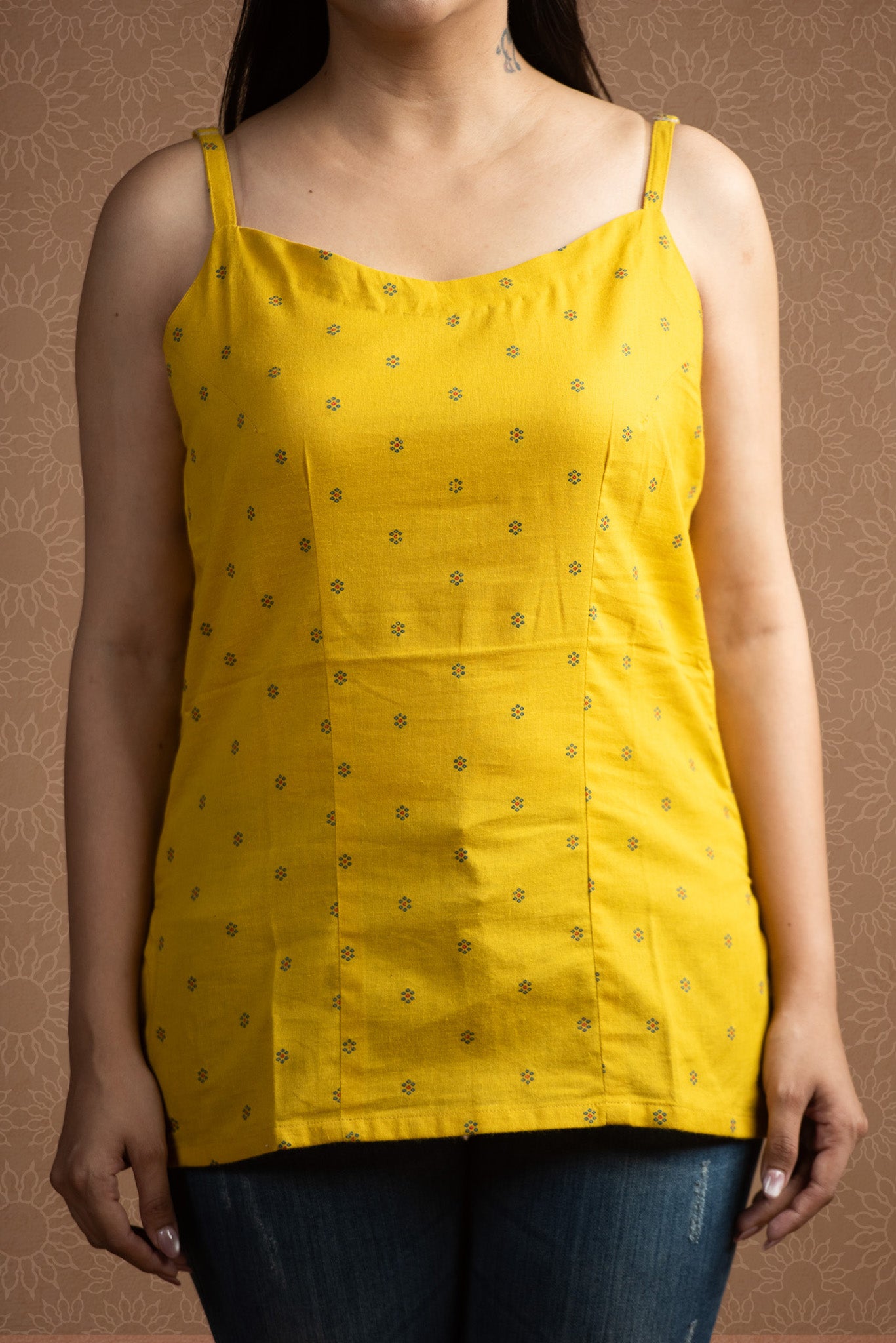 Yellow Blue Cotton Dobby butti Spaghetti Short Kurti