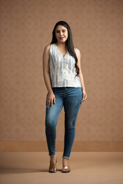 White Ikkat Haulter Front Open Crop top