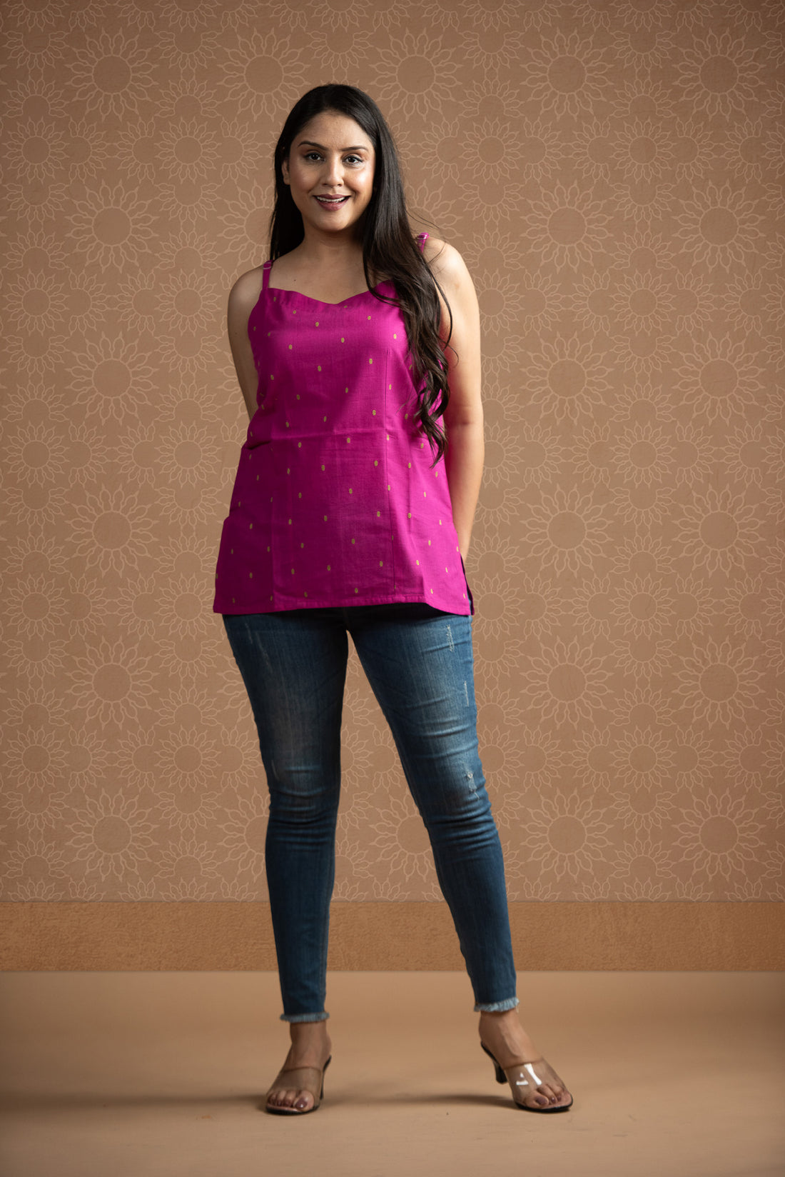 Magenta Pink Handloom Dobby Spaghetti Short Kurti
