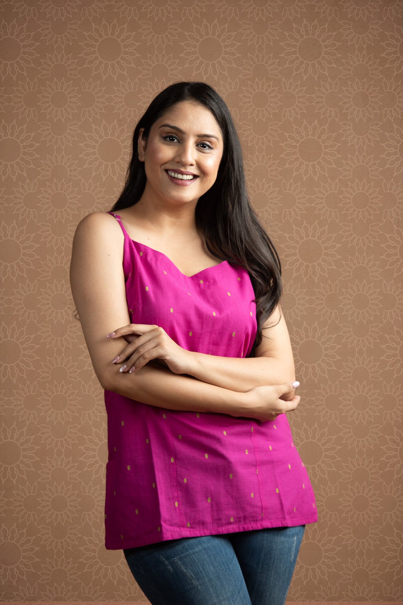 Magenta Pink Handloom Dobby Spaghetti Short Kurti