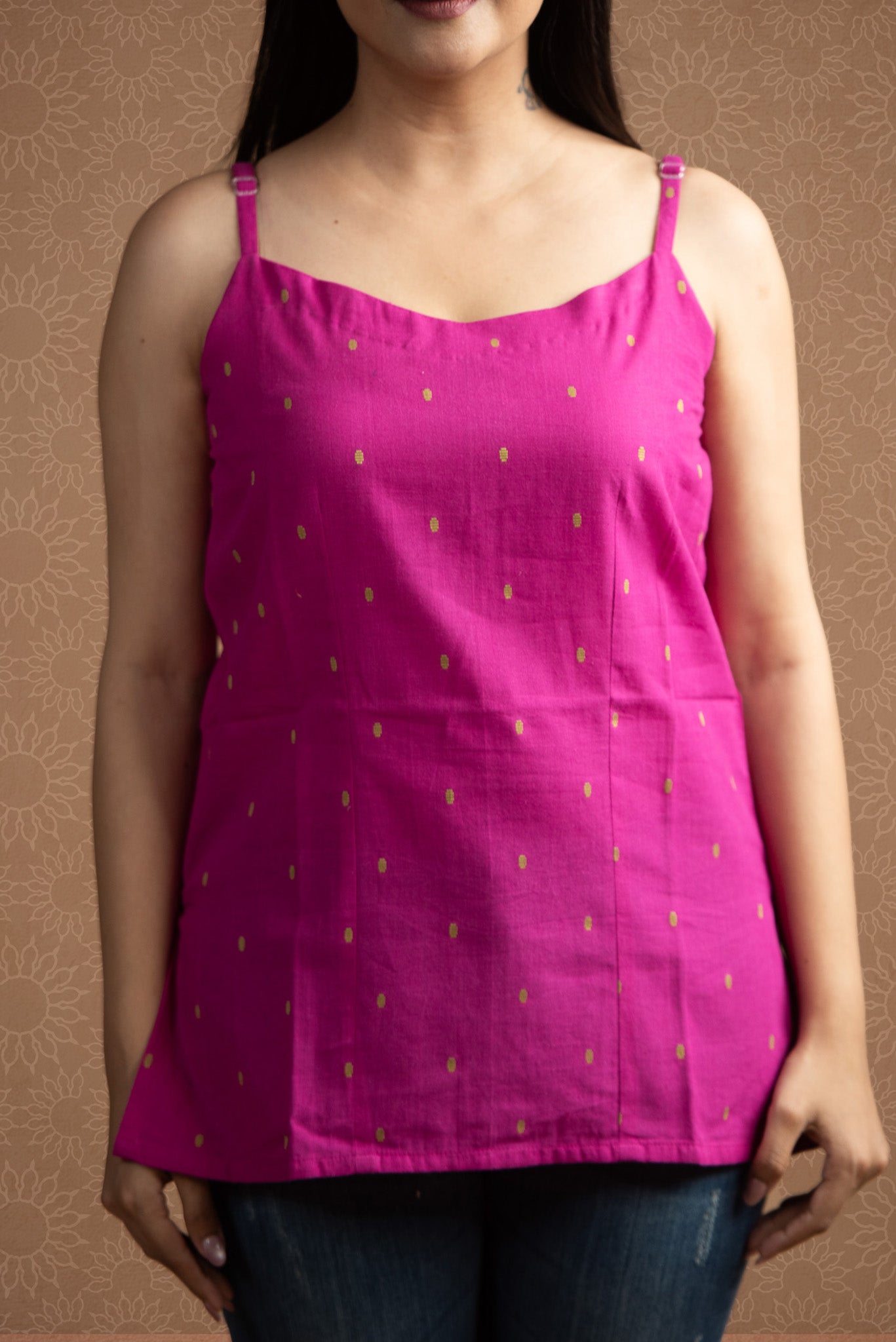 Magenta Pink Handloom Dobby Spaghetti Short Kurti