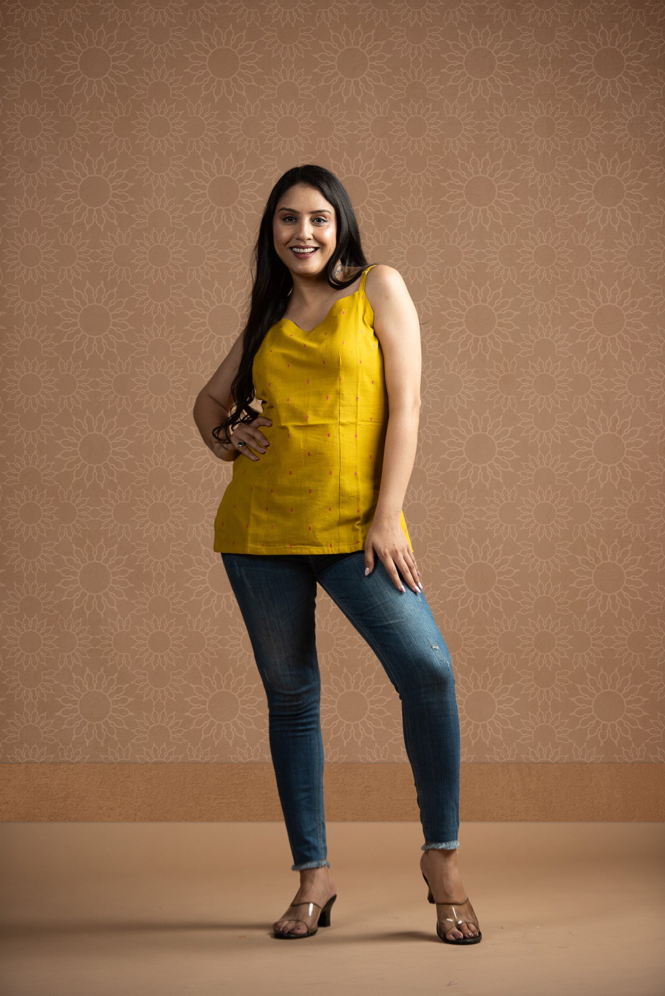 Yellow Red Cotton Dobby butti Spaghetti Short Kurti