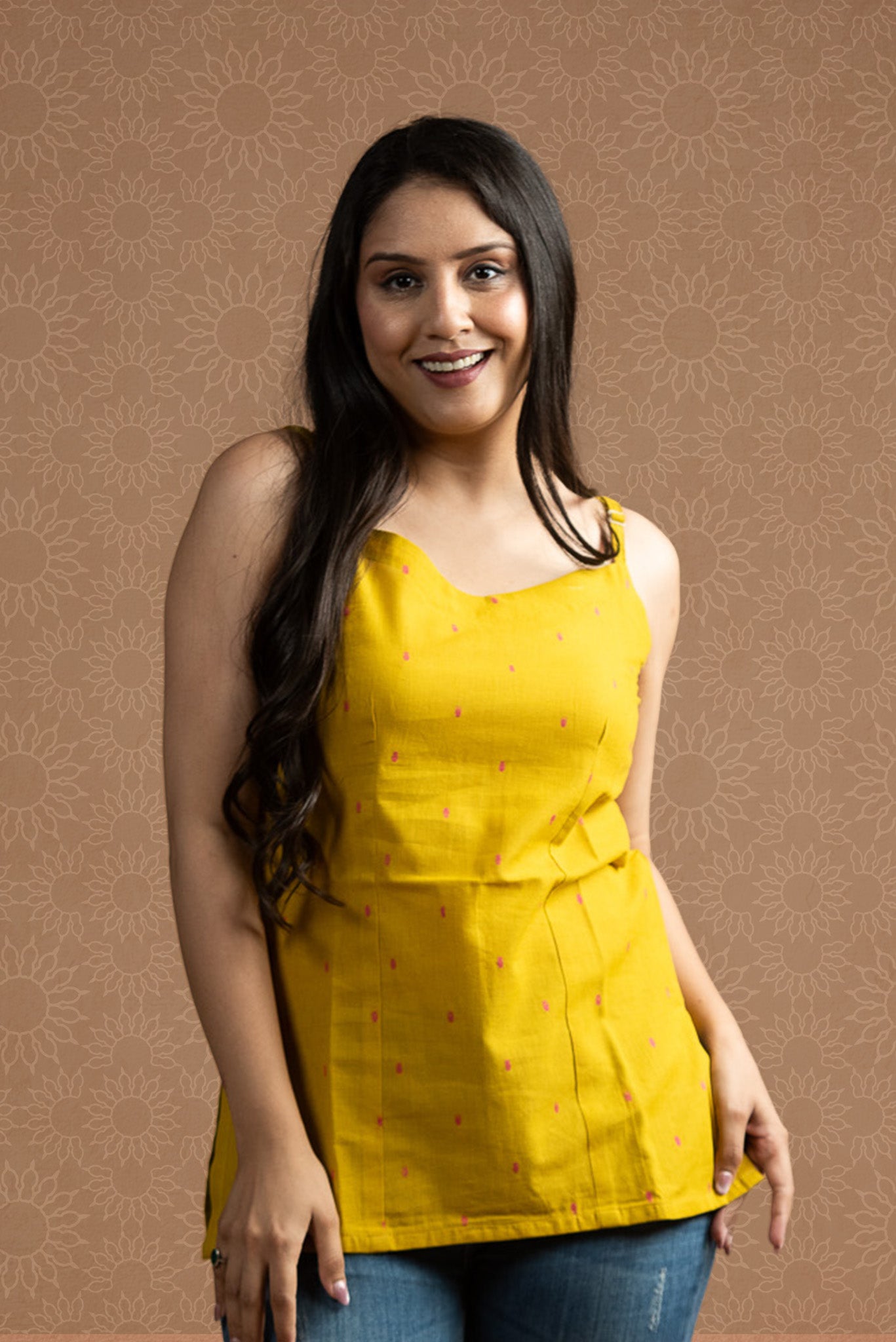 Yellow Red Cotton Dobby butti Spaghetti Short Kurti