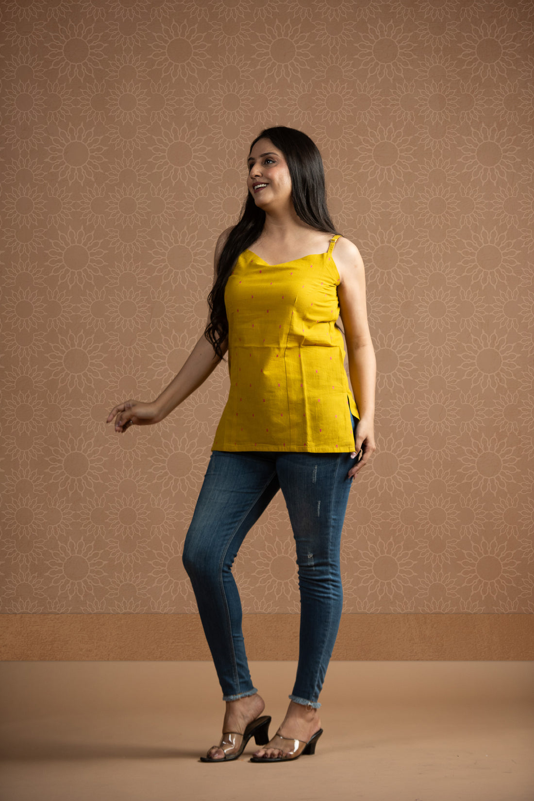 Yellow Red Cotton Dobby butti Spaghetti Short Kurti