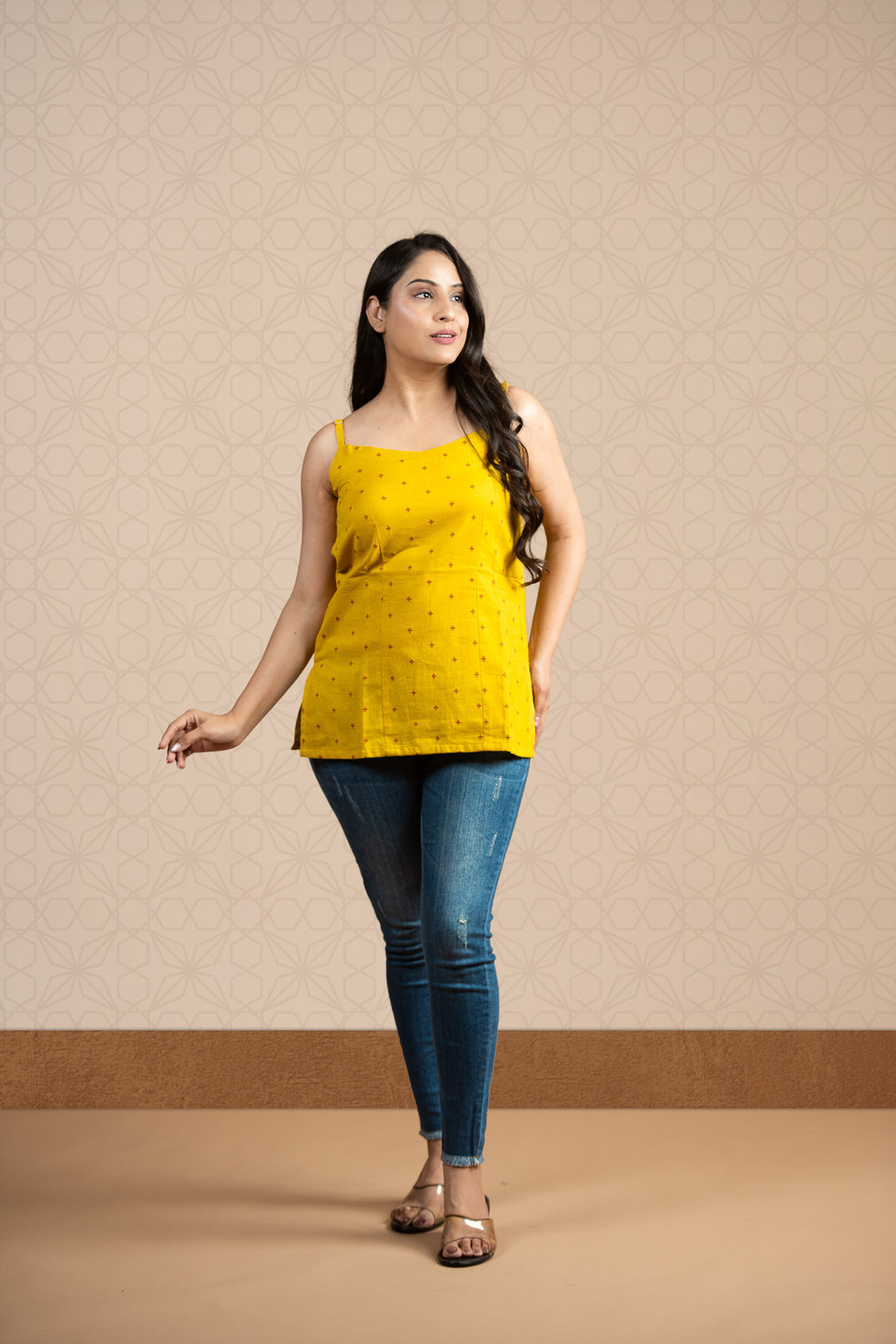 Classic Yellow Handloom Dobby Spaghetti Short Kurti