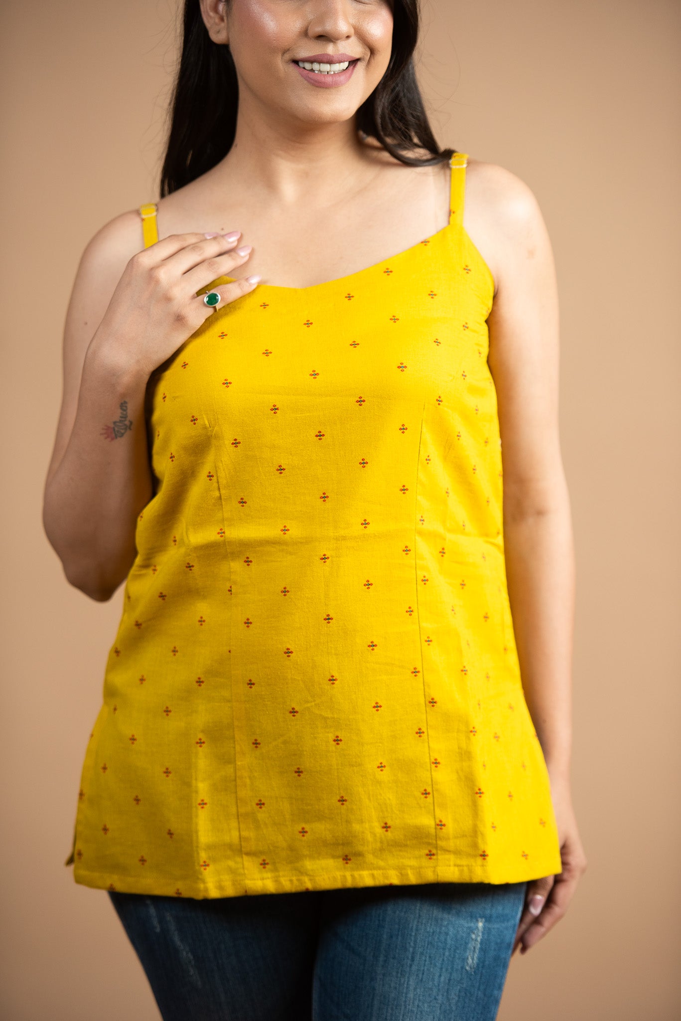 Classic Yellow Handloom Dobby Spaghetti Short Kurti