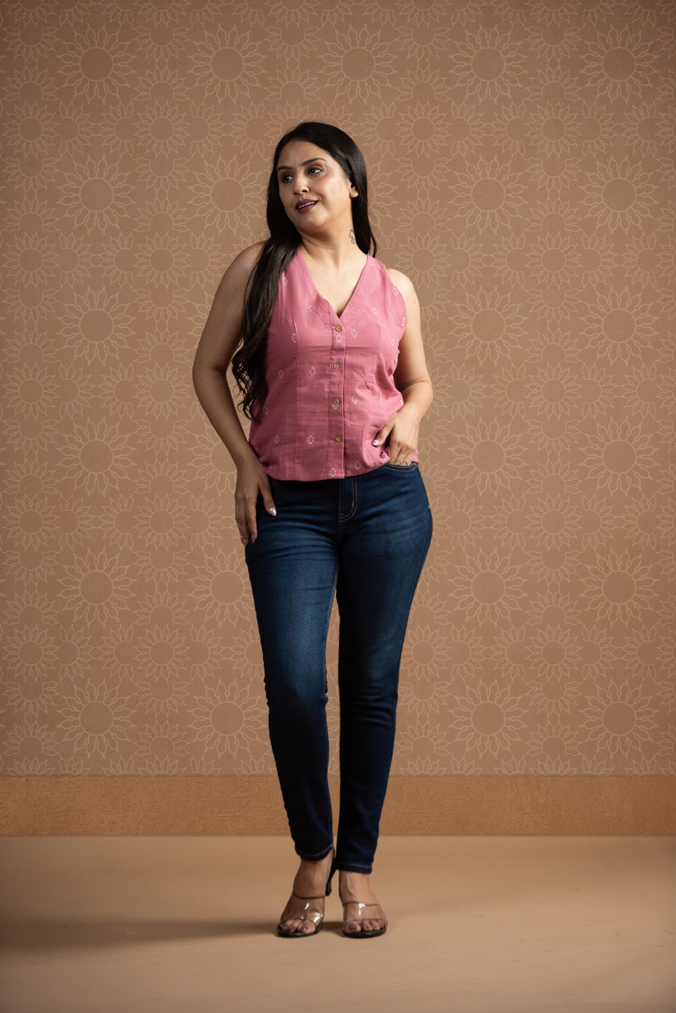 Pink Cotton Dobby Haulter Front Open Crop top