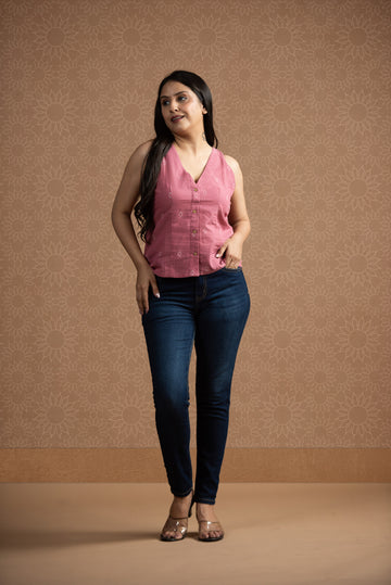 Pink Cotton Dobby Haulter Front Open Crop top