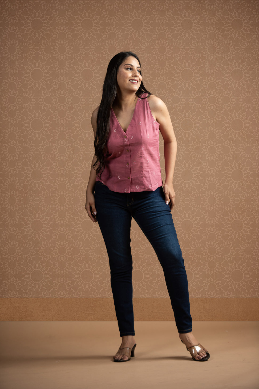 Pink Cotton Dobby Haulter Front Open Crop top