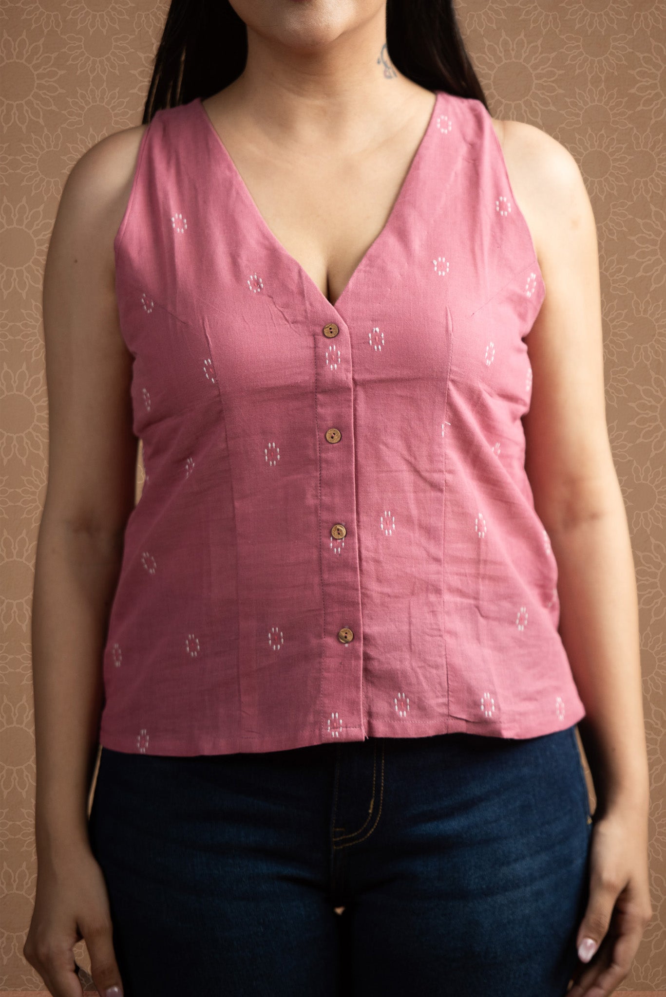 Pink Cotton Dobby Haulter Front Open Crop top