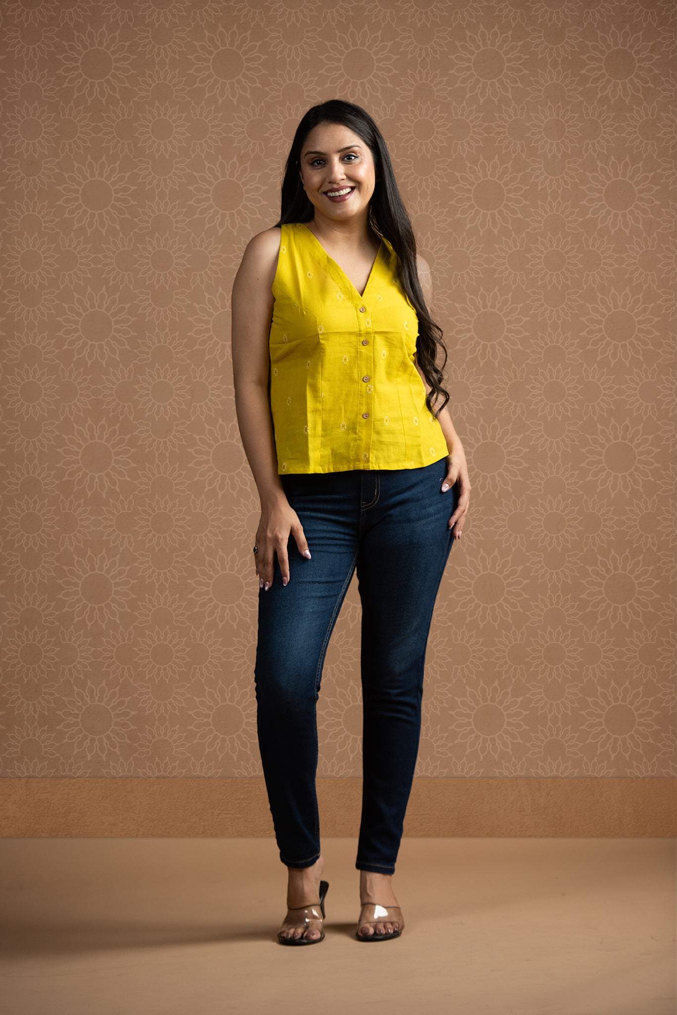 Bright yellow Cotton Dobby Front Open Haulter Crop top