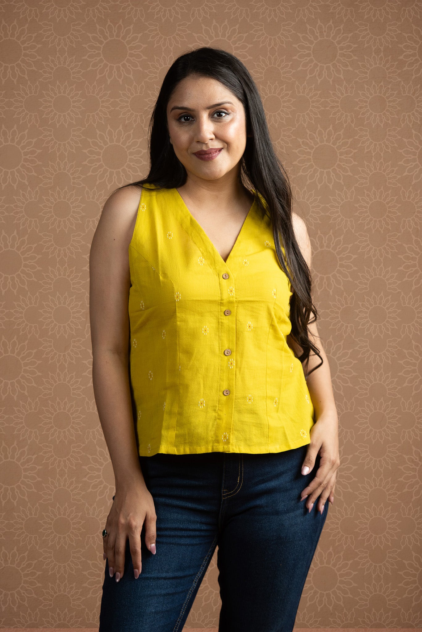 Bright yellow Cotton Dobby Front Open Haulter Crop top