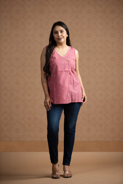 Light pink Cotton Dobby Sleeveless Overlap Short kurti