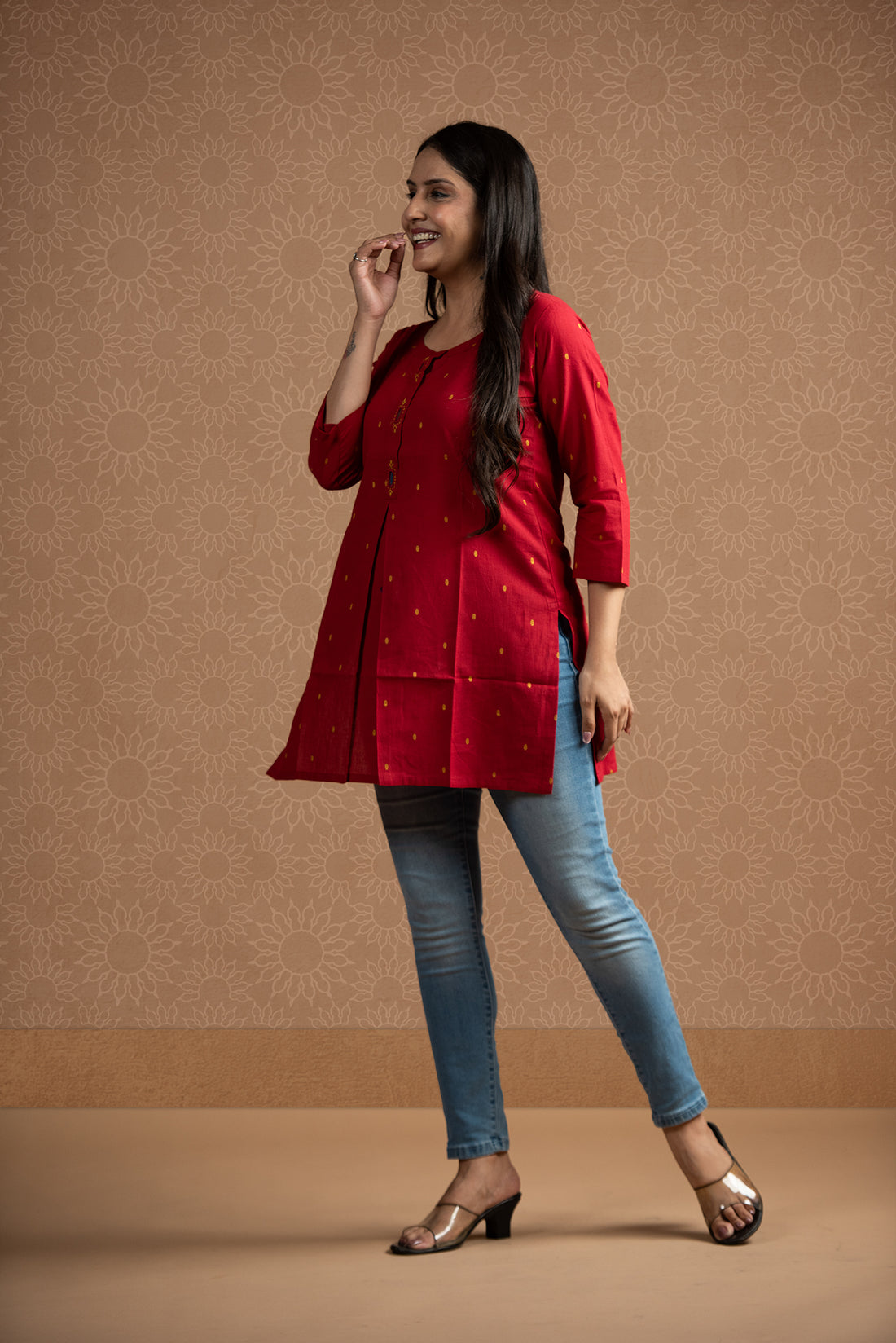Classic Red Cotton Dobby  Front Box pleats Short kurti