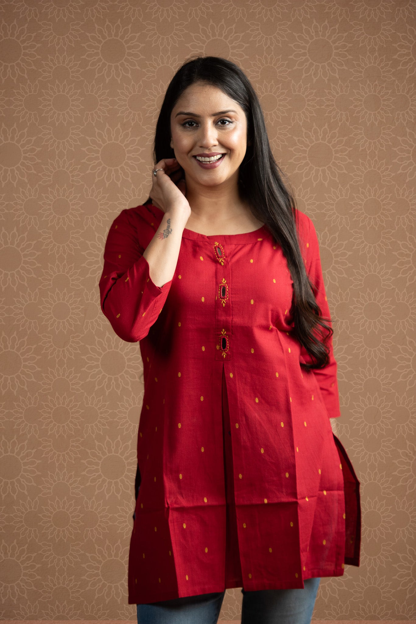 Classic Red Cotton Dobby  Front Box pleats Short kurti