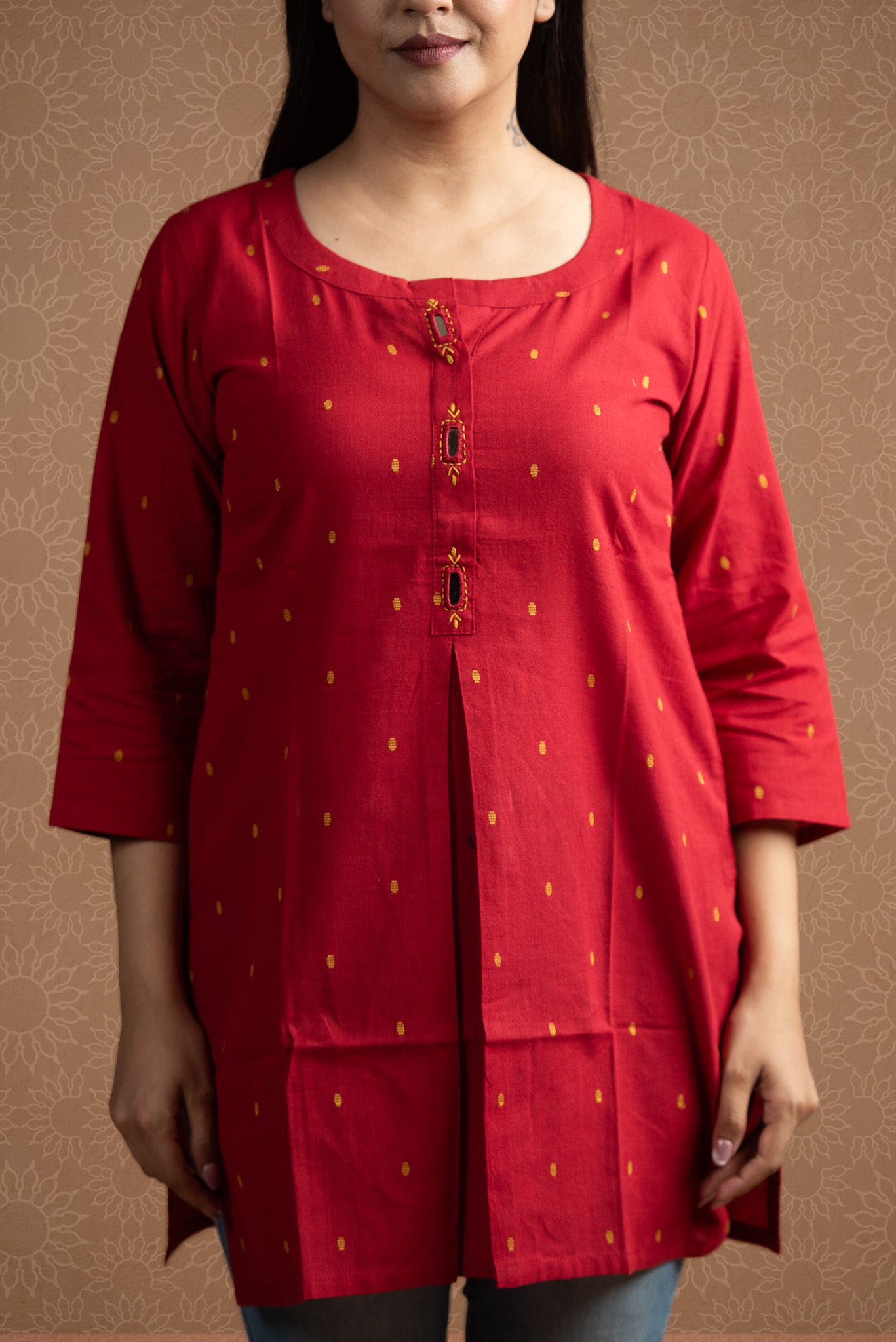 Classic Red Cotton Dobby  Front Box pleats Short kurti