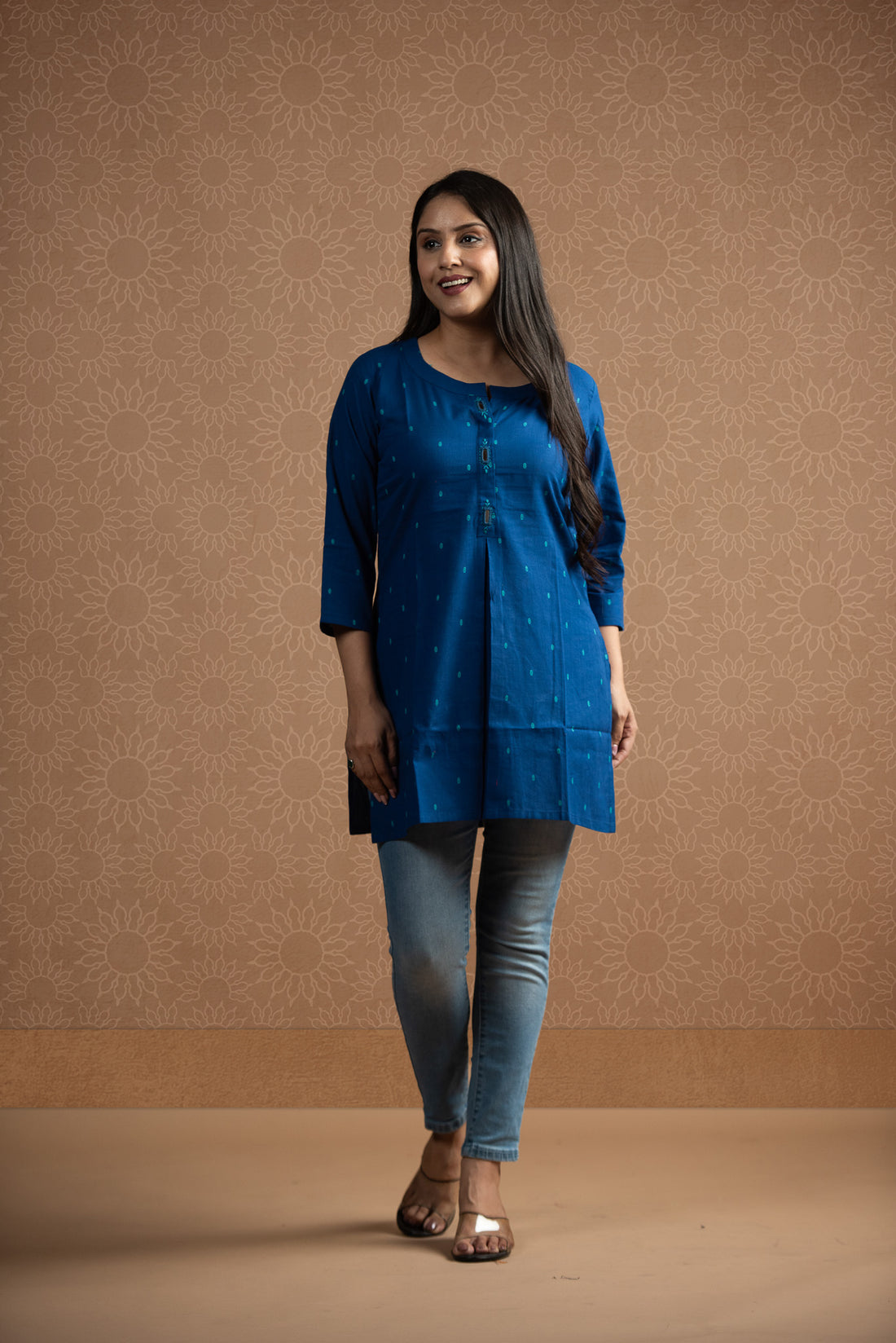 Royal Blue Cotton Dobby Front Box pleats Short kurti
