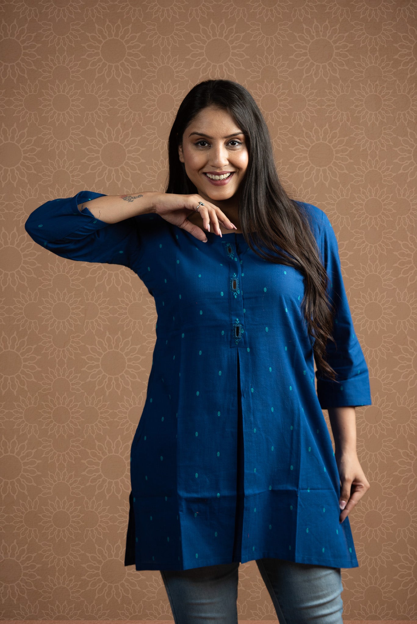 Royal Blue Cotton Dobby Front Box pleats Short kurti