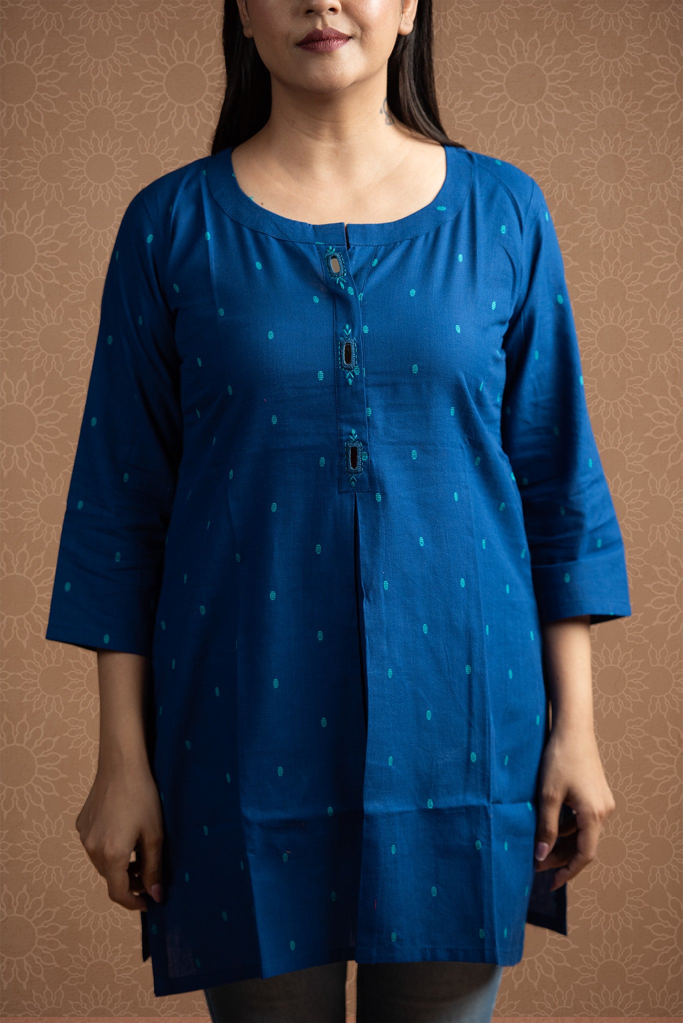 Royal Blue Cotton Dobby Front Box pleats Short kurti