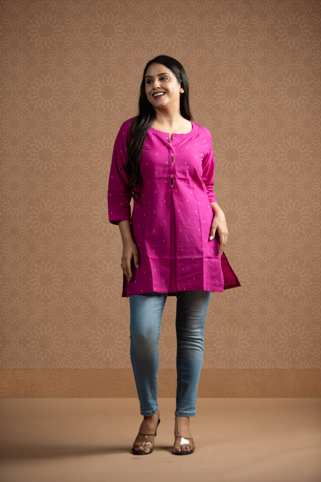 Magenta Pink Cotton Dobby  Front Box pleats Short kurti