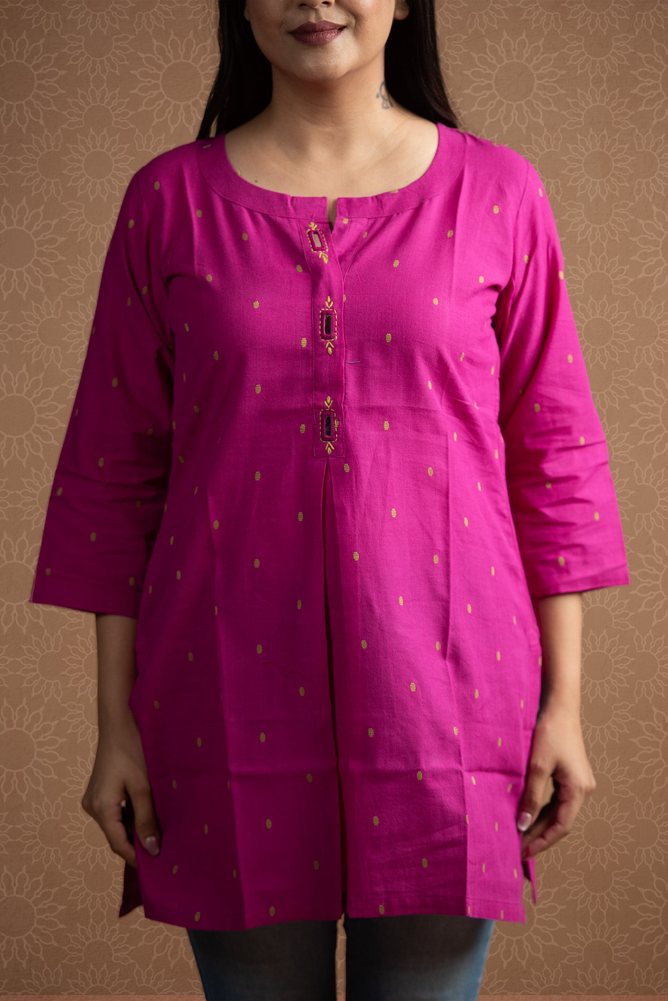 Magenta Pink Cotton Dobby  Front Box pleats Short kurti