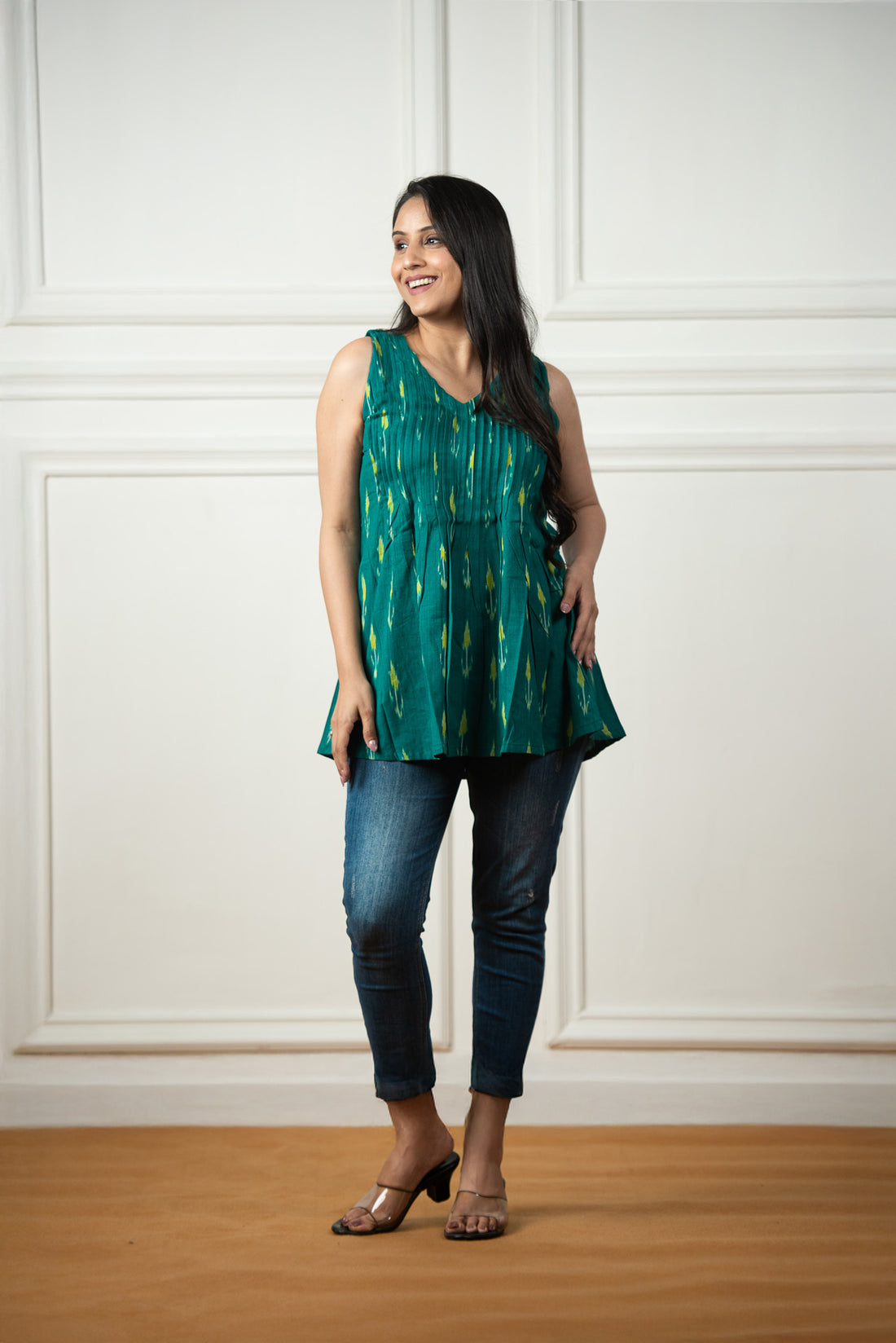 Rama Blue Ikkat Haulter Front Plitted Short Kurti