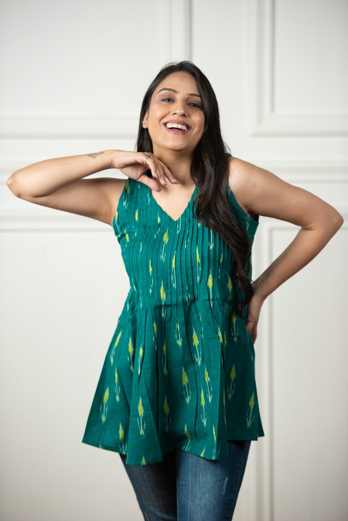 Rama Blue Ikkat Haulter Front Plitted Short Kurti