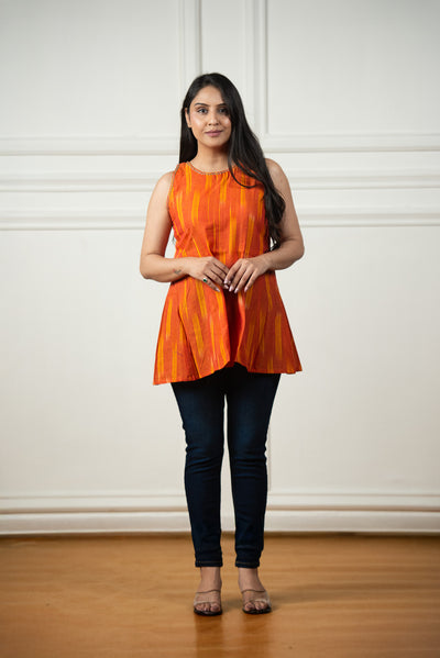 Glossy Orange Ikkat Haulter 12 Kali Short Kurti