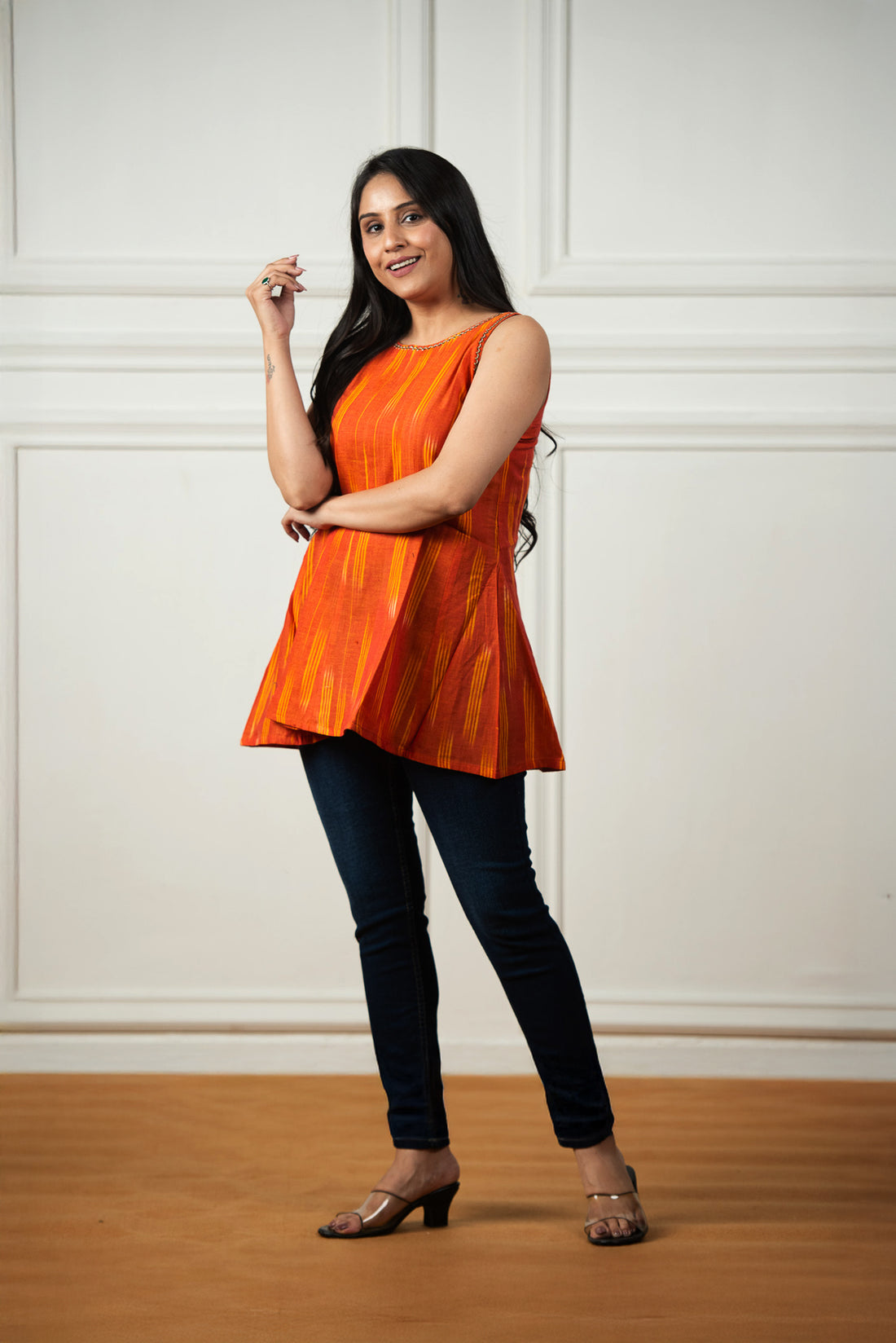 Glossy Orange Ikkat Haulter 12 Kali Short Kurti