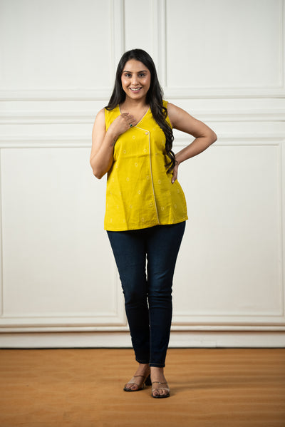 Bright Yellow Cotton Dobby Sleeveless Overlap Short kurti