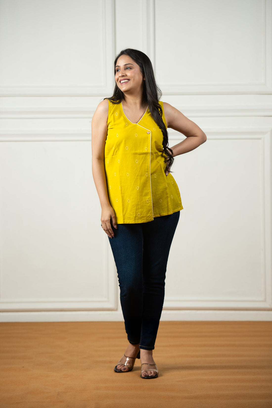 Bright Yellow Cotton Dobby Sleeveless Overlap Short kurti