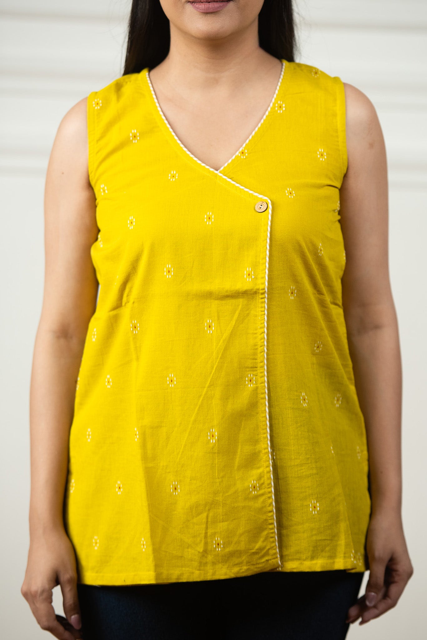 Bright Yellow Cotton Dobby Sleeveless Overlap Short kurti