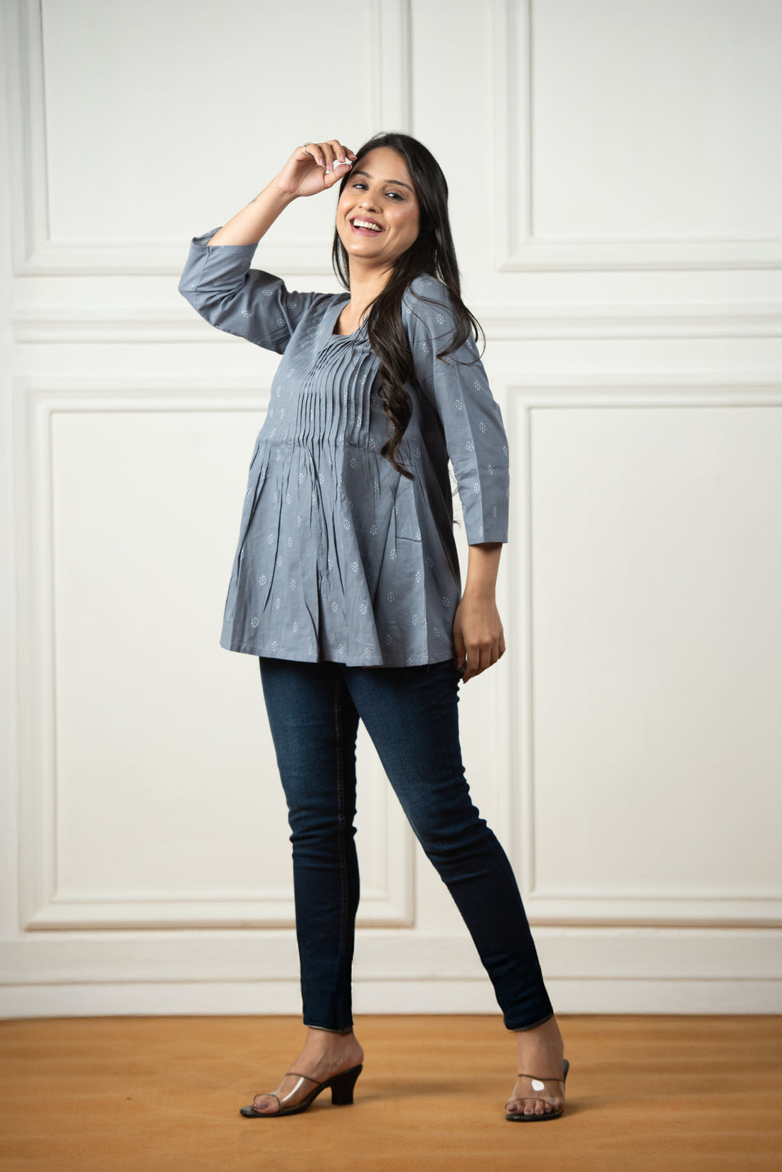 Metal Grey Cotton Dobby Front Plitted Short Kurti