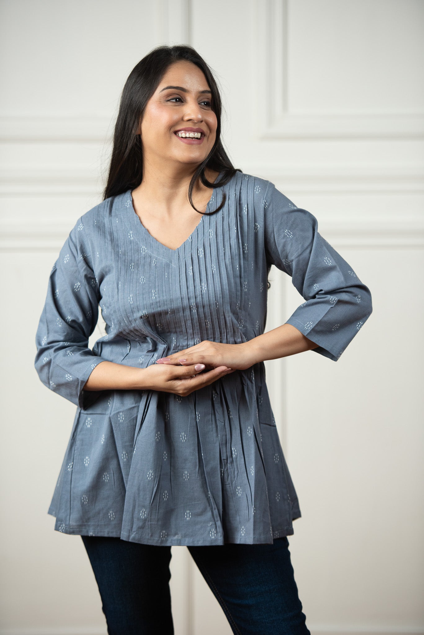 Metal Grey Cotton Dobby Front Plitted Short Kurti