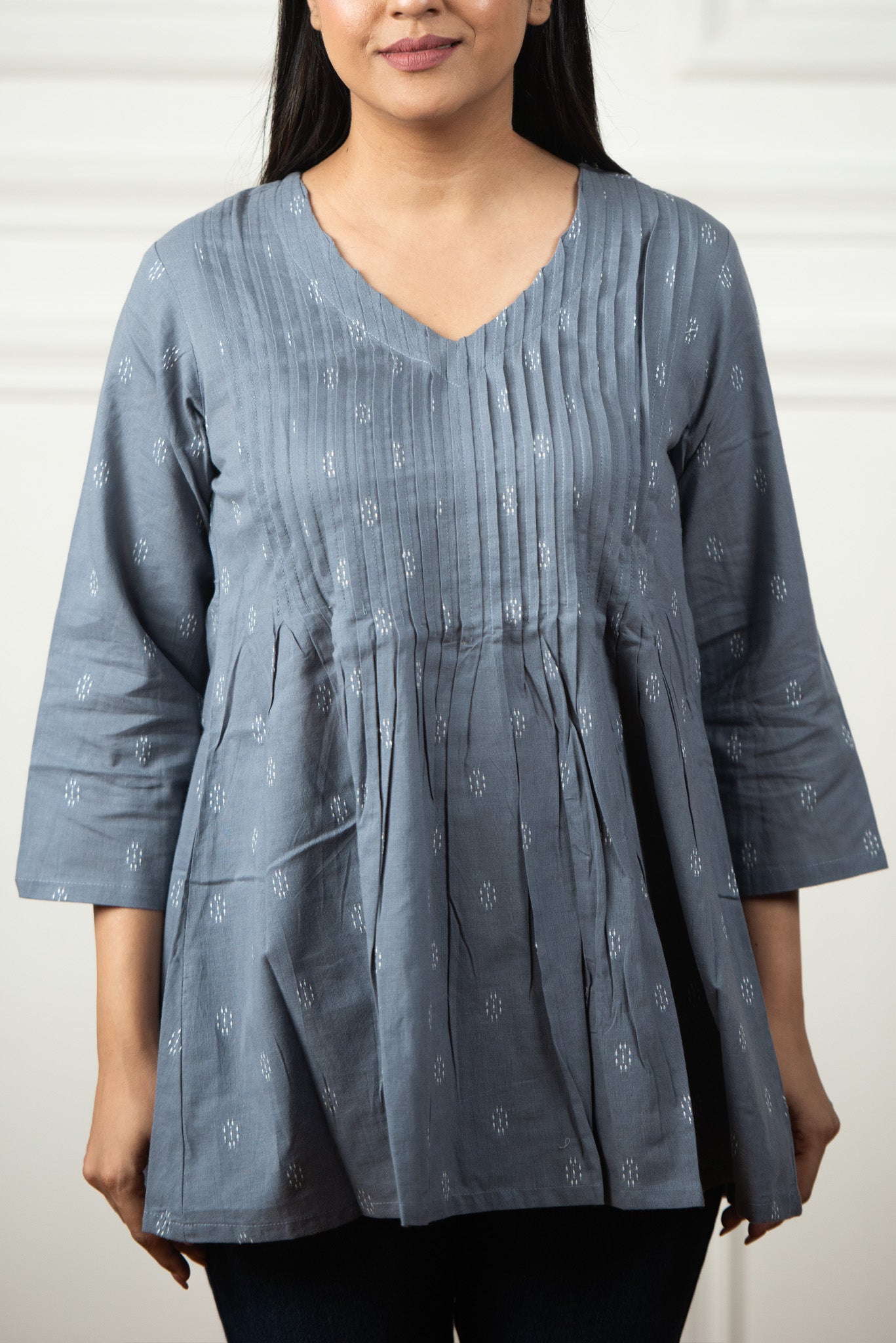 Metal Grey Cotton Dobby Front Plitted Short Kurti