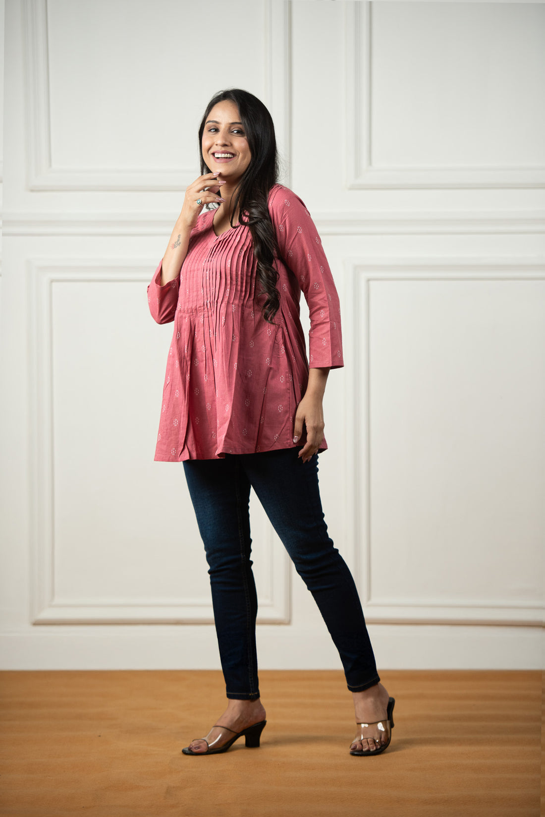 Light pink Cotton Dobby Front Plitted Short Kurti
