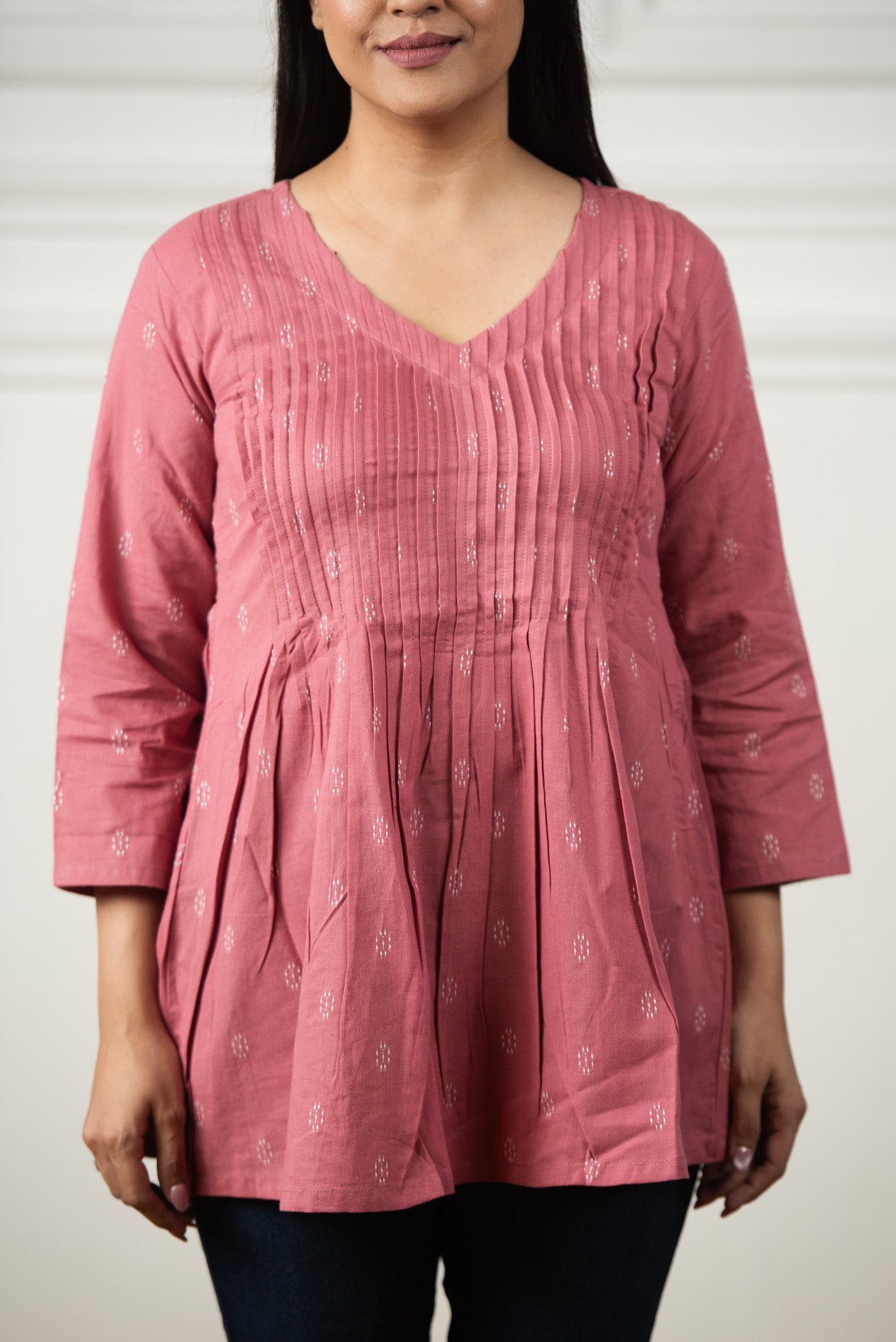 Light pink Cotton Dobby Front Plitted Short Kurti