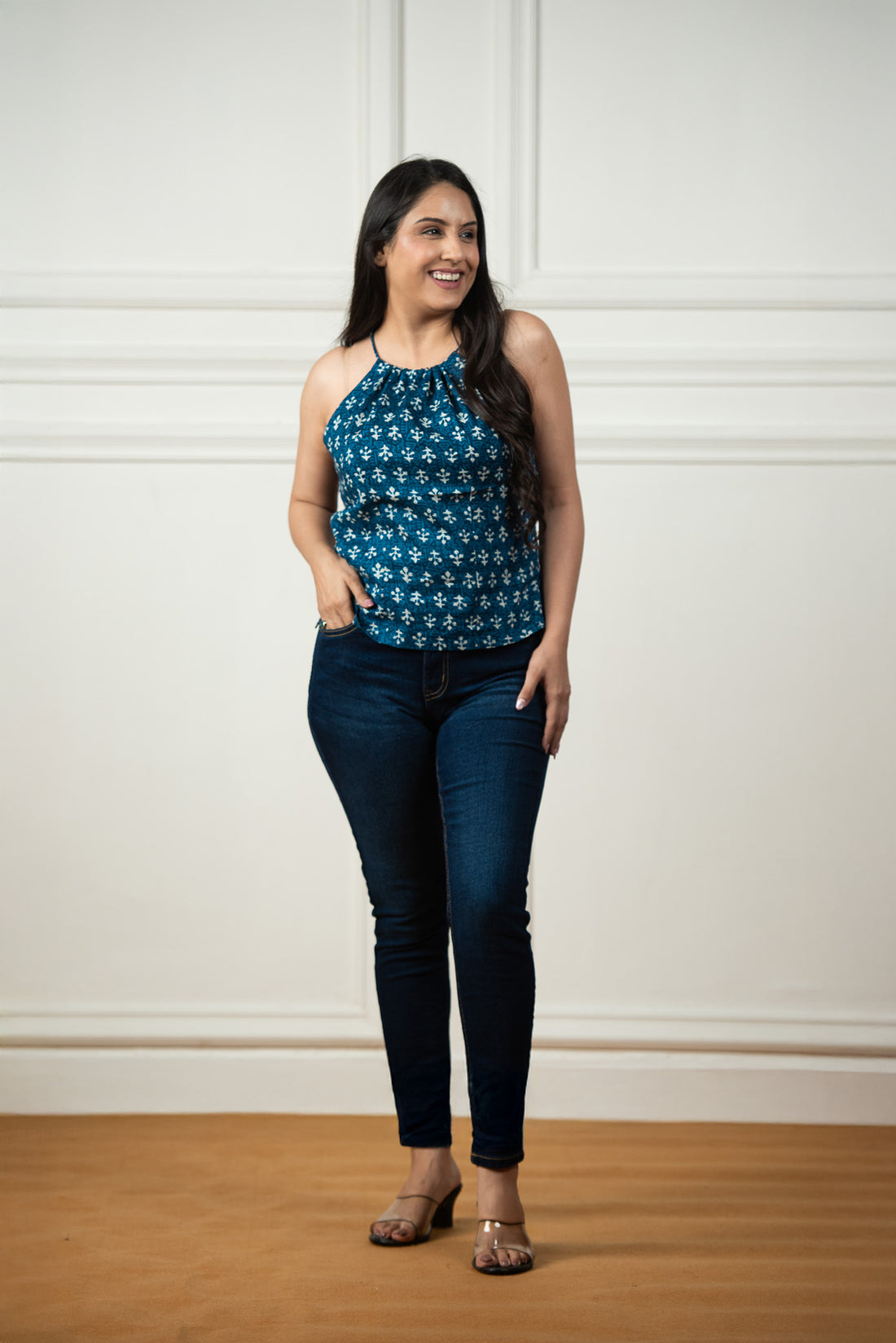 Blue Indigo Print haulter Crop top