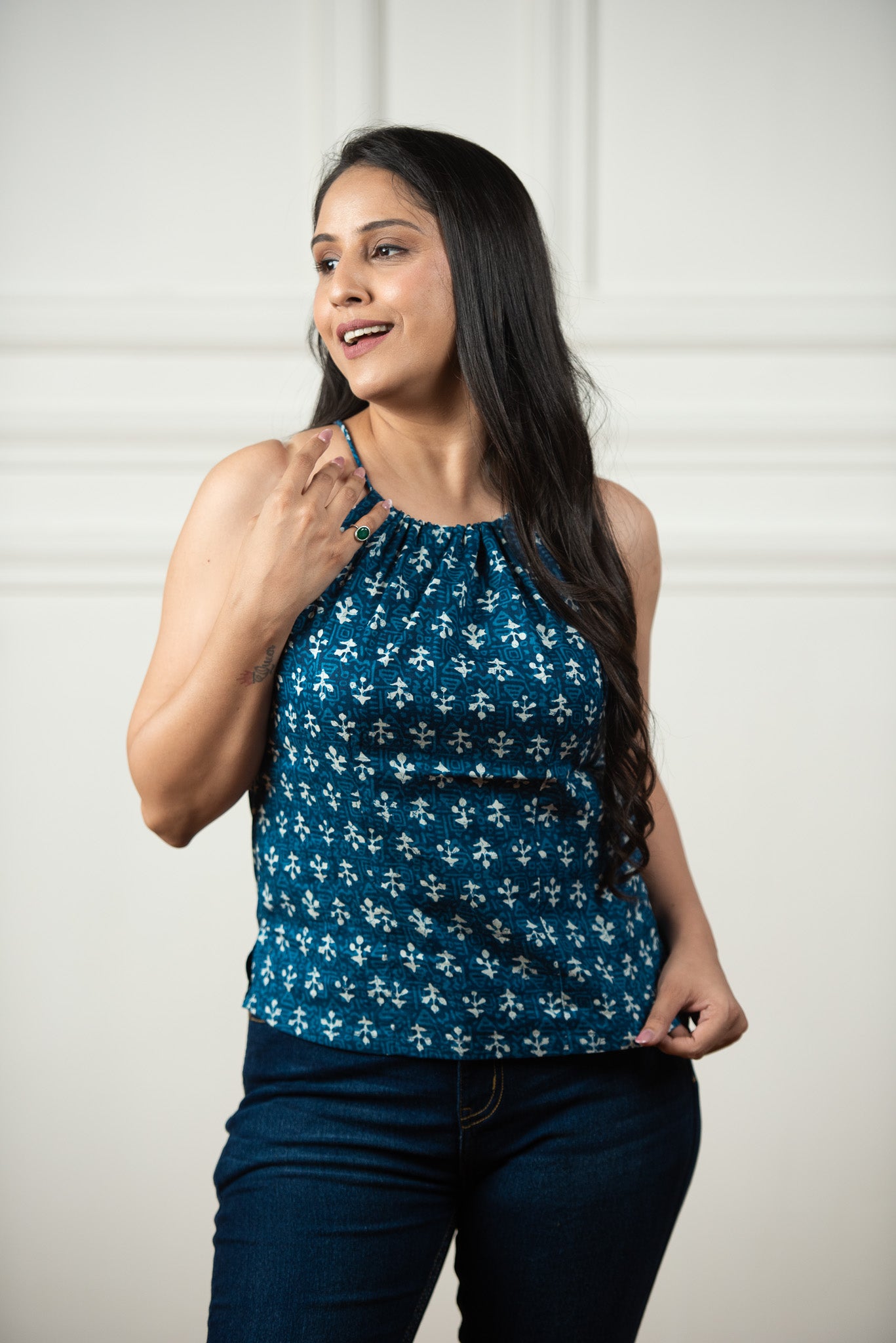 Blue Indigo Print haulter Crop top